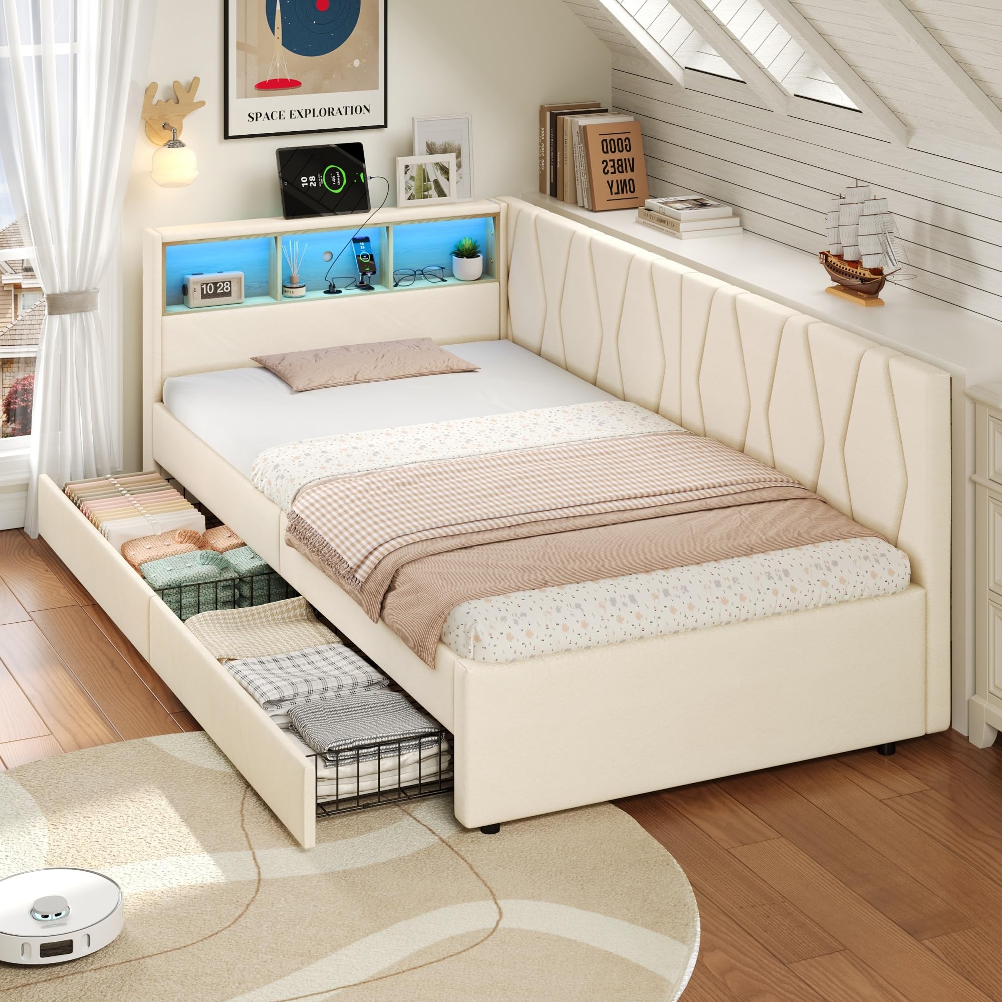 Miyemo Day Bed, 3ft Upholstered Single Bed Frame with Storage Drawers, Linen Sofa Bed with Charging-Station & LED- for Living Room/Bedroom/Study Room, 90 * 190cm, Beige, (No Mattress)