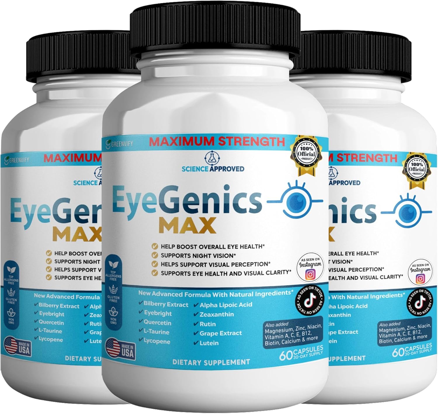 EyeGenics Max Vision Support Supplement, 60 Capsules, Maximum Strength Eye Health Formula with Lutein, Bilberry Extract, Vitamins (2)