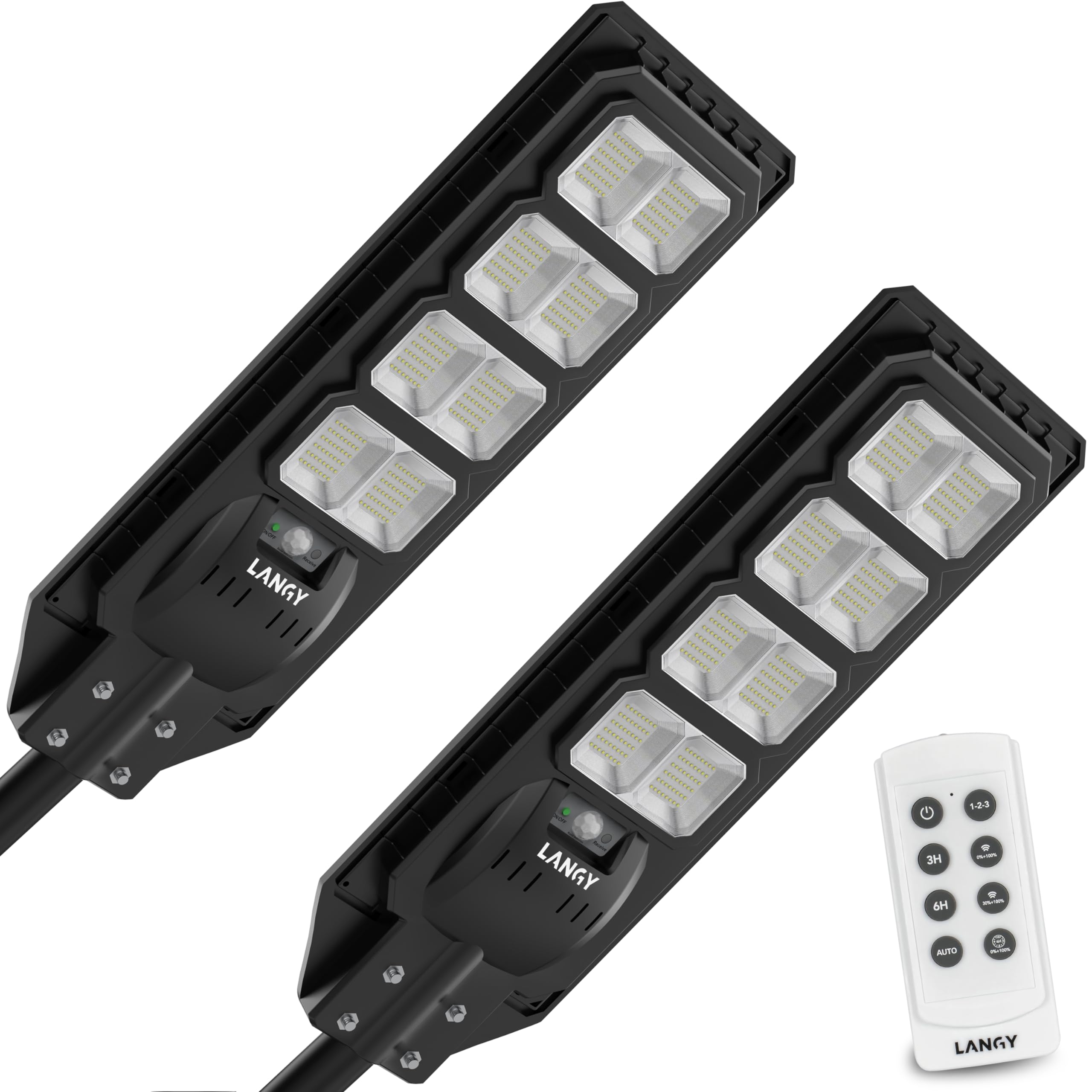 LANGY 2PACK Lampada da esterno per lampada solare da 20000 lumen con telecomando, sensore di movimento crepuscolare all'alba, lampada da esterno alimentata a energia solare IP65 impermeabile