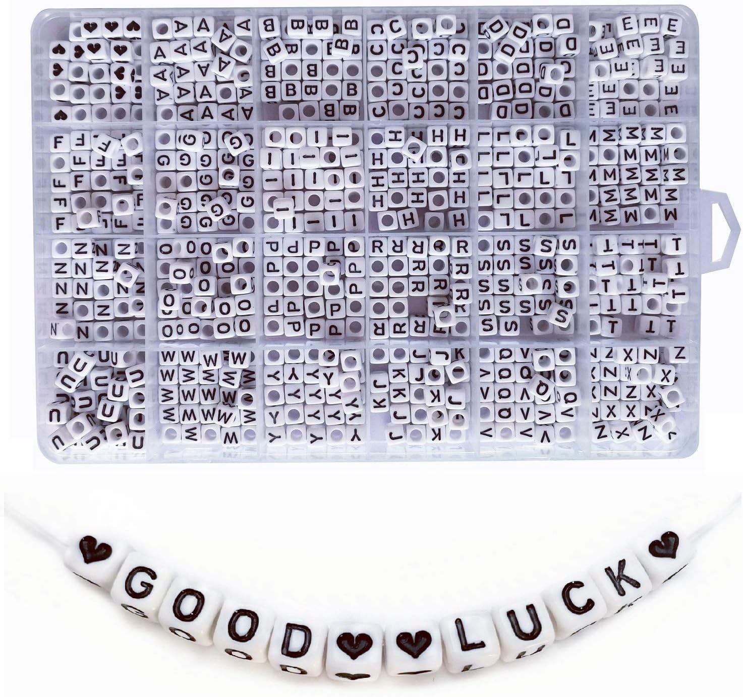 Amaney 1100 Pieces Letter Beads 6×6mm White Cube Acrylic with Black Alphabet A-Z Heart beads for Jewelry Making