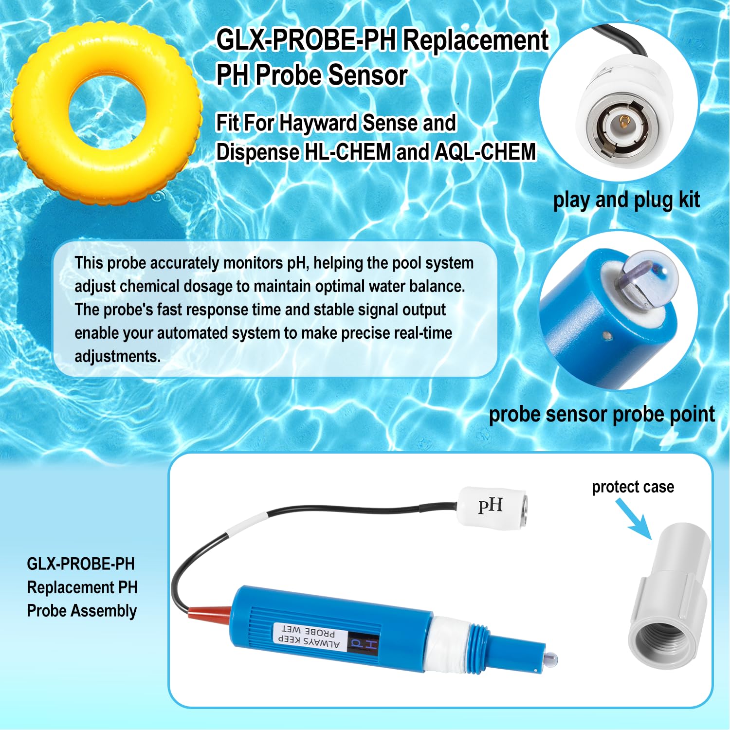 GLX-PROBE-PH Sonde PH de rechange avec couvercle pour Hayward Sense and Dispense HL-CHEM AQL-CHEM, pour contrôleurs CAT et HCC, pour générateur de chlore salé Hayward AQR-PRO-SD, HPC-4-ACT-RC