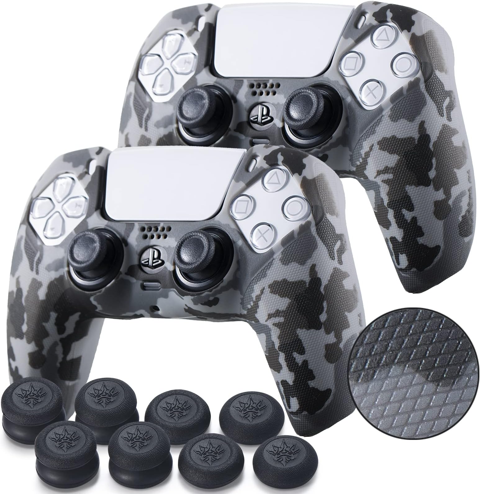YoRHa Grip Texture Silicone Skin for PS5 Controller x 2(Grey Camouflage) with Pro Thumb Grips x 8