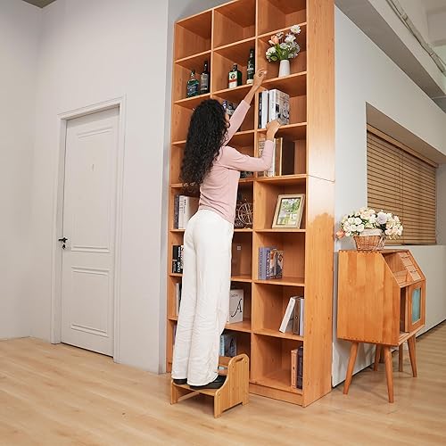 Miniatura 6 de Taburete de bambú de 2 escalones con peldaños antideslizantes y 2 asas recortadas