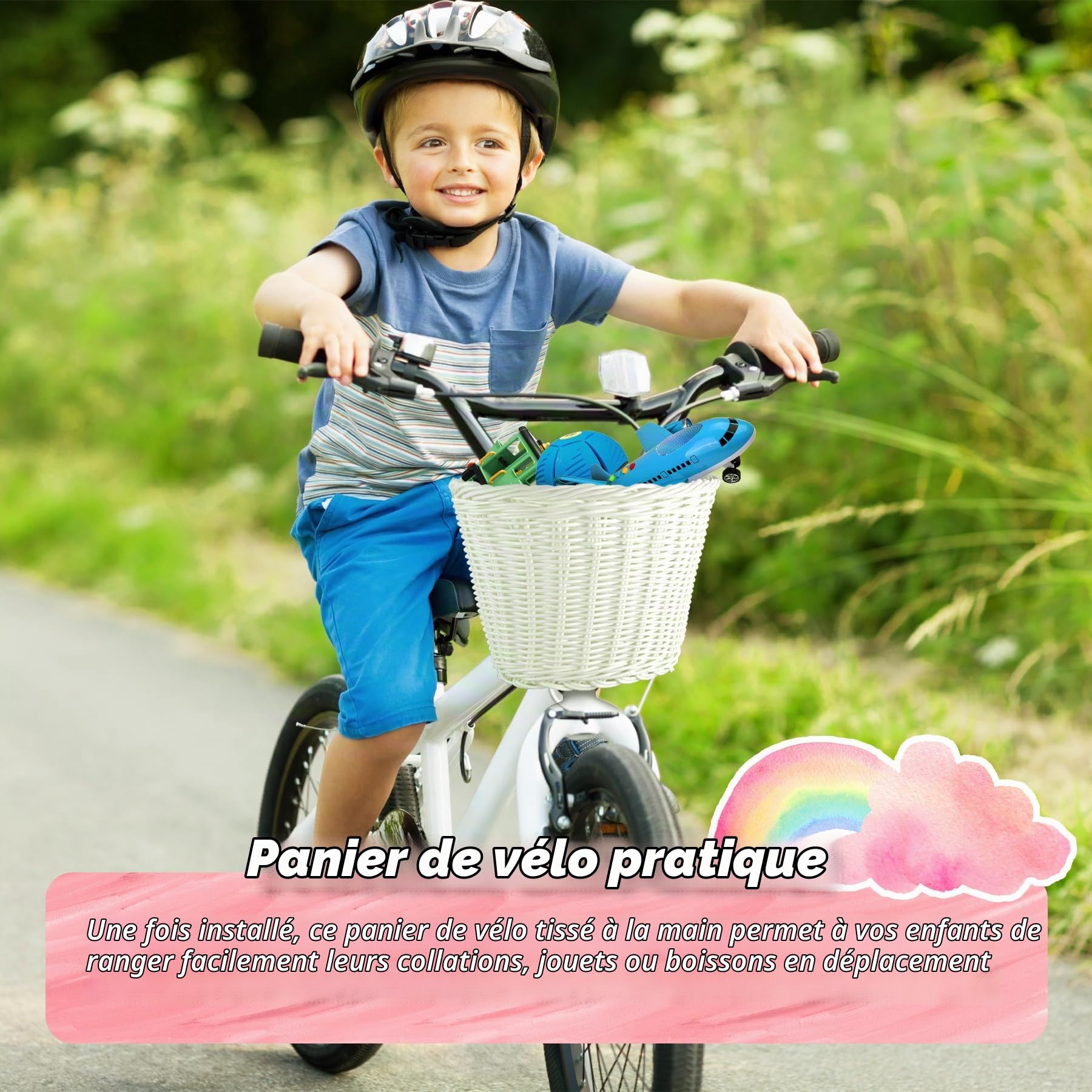 Spesh Panier à Vélo pour Enfants Panier Avant en Osier de Vélo avec 72 Perles de Rayons pour Garçons et Filles