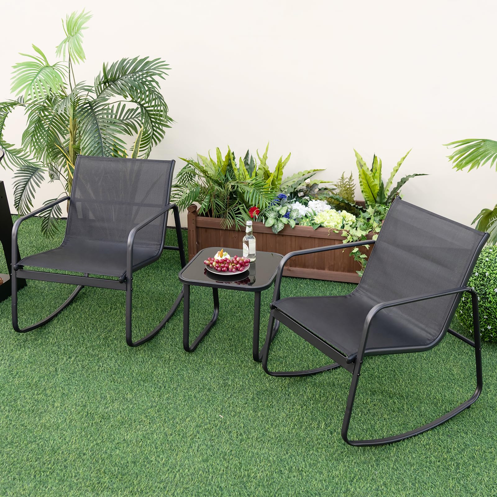 COSTWAY Mesa y Sillas Terraza, 2 Mecedoras de Bistró y 1 Mesa Baja con Tapa de Vidrio, Tela Textilene, Conjunto Jardin Terraza Exterior Balcon, Juego de Mecedora (Negro)