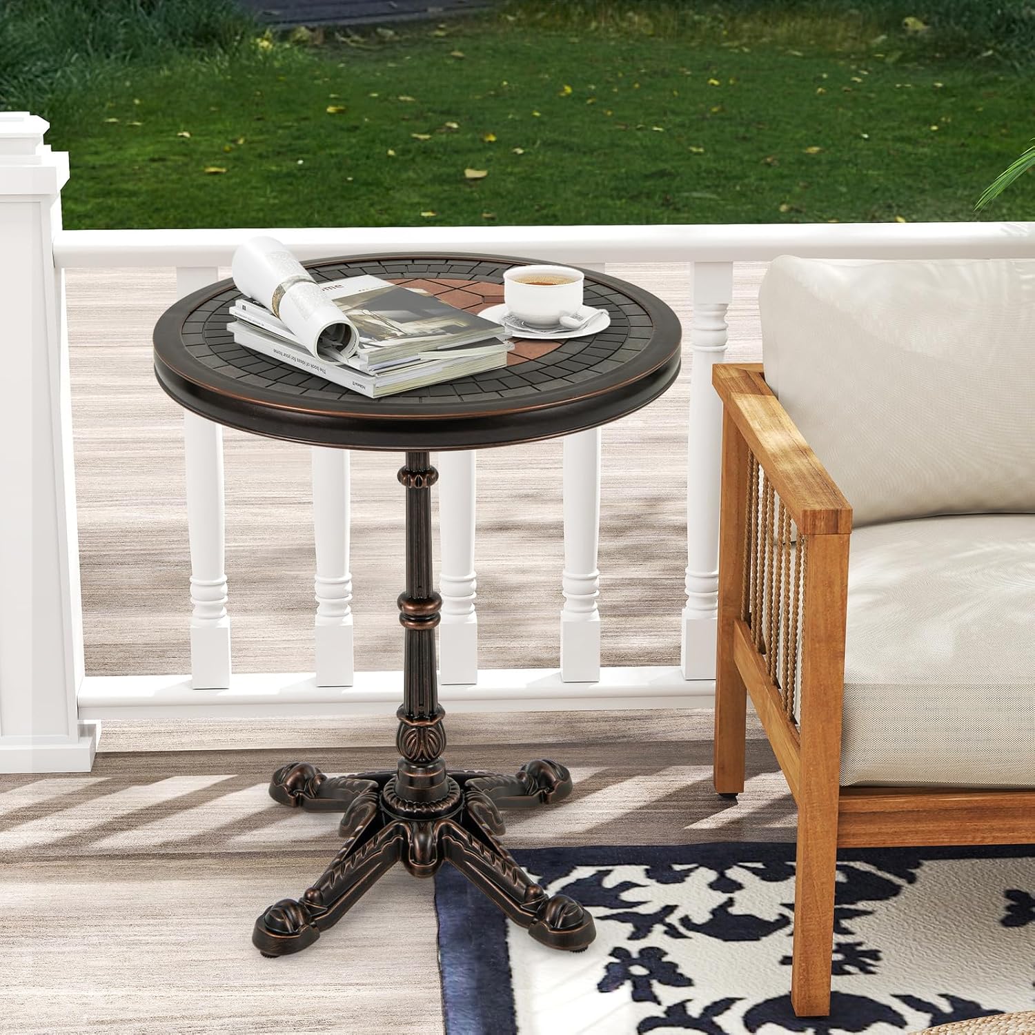HAPPYGRILL 24” Patio Side Table, Outdoor Cast Aluminum End Table w/Painted Tabletop & Cross-Shaped Base, Mid Century Coffee Table Decorative Accent Table for Living Room Backyard Garden