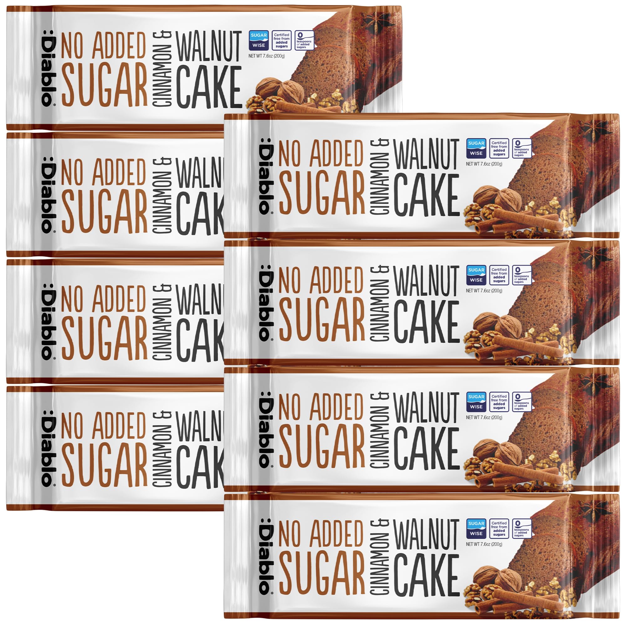 Diablo No Added Sugar Cinnamon & Walnut Cake – Healthy Snacks Sweet Treat, Cakes and Desserts for All, Ideal for Snack Time, Tea & Party Treat, Halal & Kosher Approved – 200g (Pack of 8)