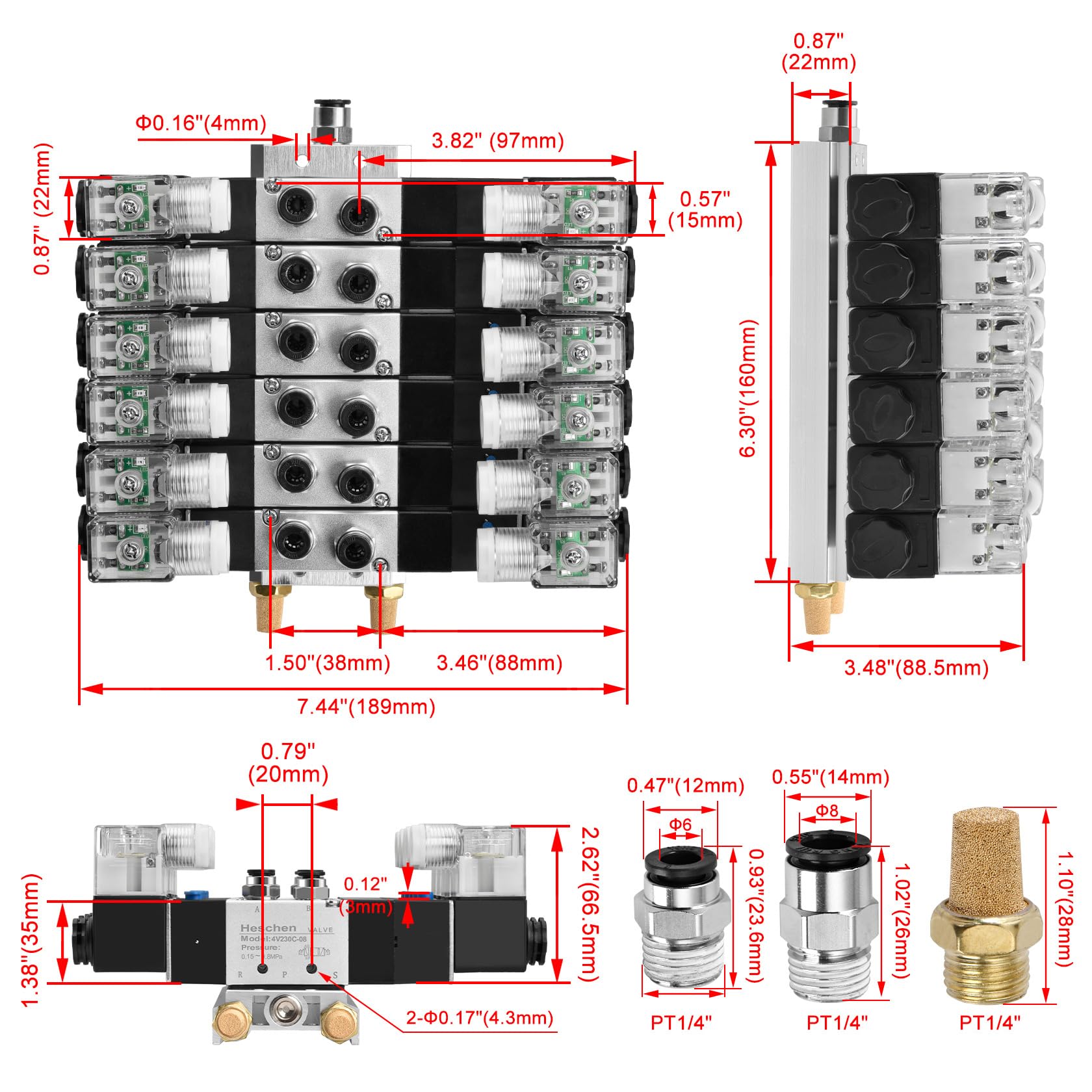 Heschen Electroválvula neumática eléctrica 6, 4V230C-08, 24VDC, PT1/4, 5 vías 3 posición, base del colector, silenciador, conjunto de accesorios rápidos, CE