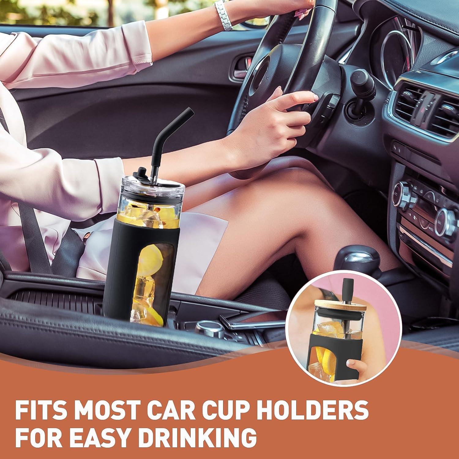 Kodrine 24oz Glass Tumbler with Straw and Lid, Reusable Ice Coffee Cup with Silicone Sleeve, Glass Cups for Water/Smoothie/Party Drinks, BPA Free & Dishwasher Safe(2, Amber+Black)