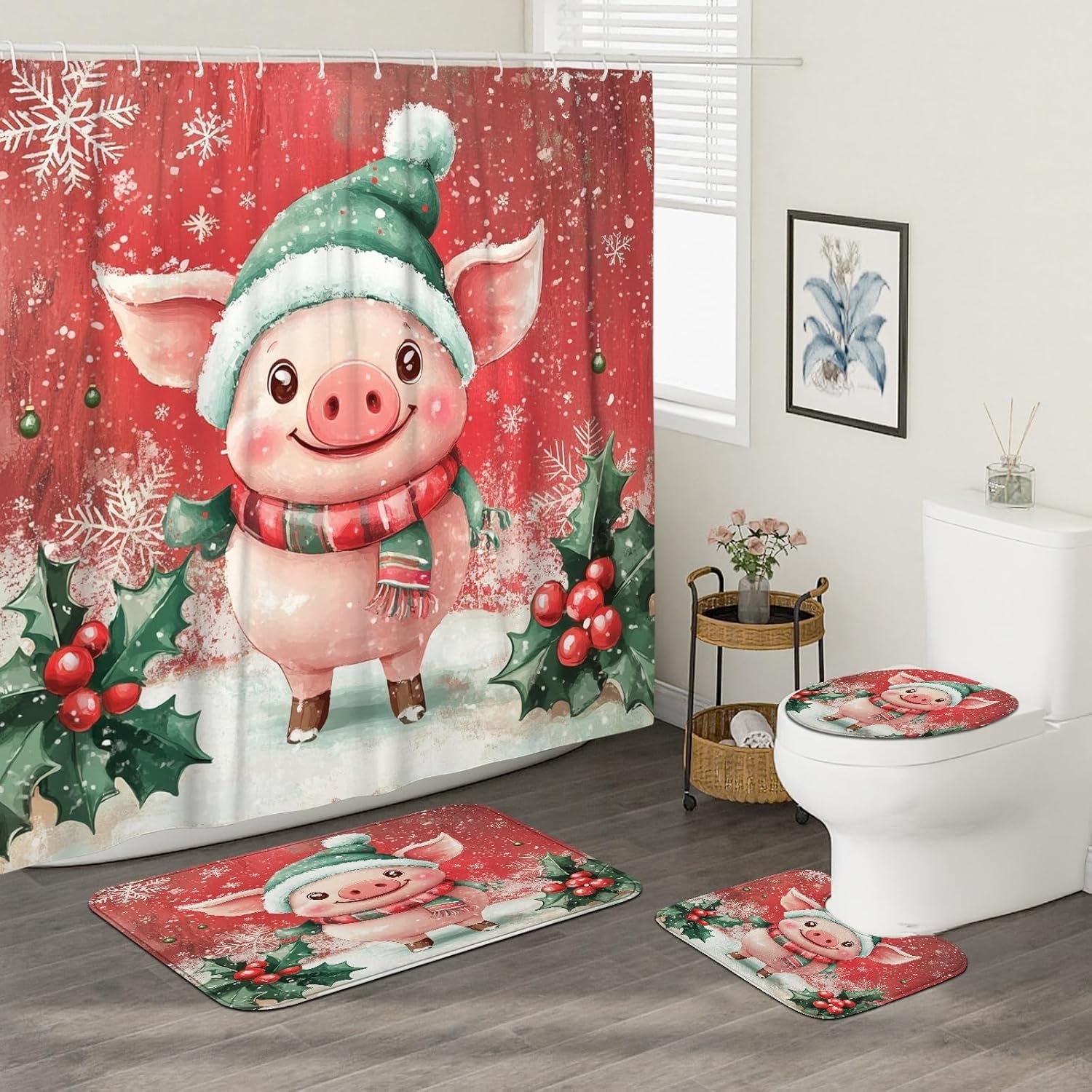 4PCS Fun Christmas Pig Bathroom Sets, Bath Accessory with Non-Slip Rug, U Shape and Toilet Lid Cover Mat, Kid Xmas Cute Animal Snow Bathroom Decor-72''x72''