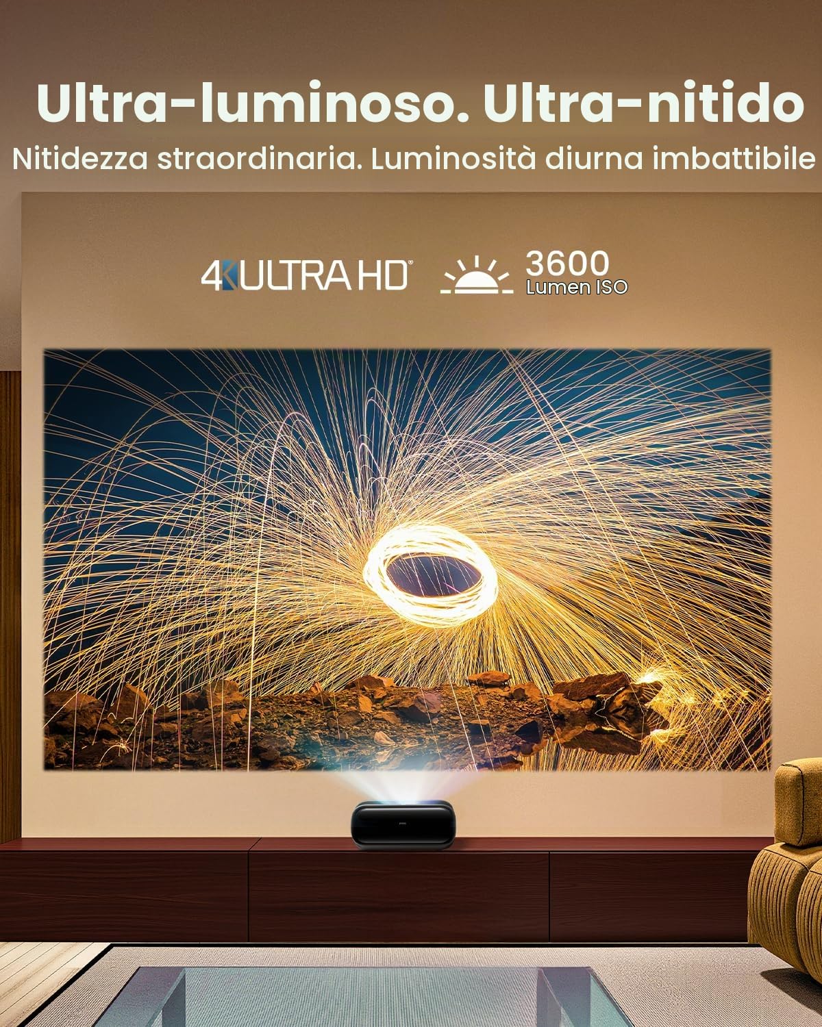 JMGO O2S Ultra Proiettore Laser Ultra Corto 4K UHD, 3600 Lumen ISO, GTV | Triple Laser, Rapporto Di Proiezione 0,16:1, Dolby Vision & Atmos, Contrasto 4000:1, Dynaudio 20W, DTS-X, Home Cinema 150"