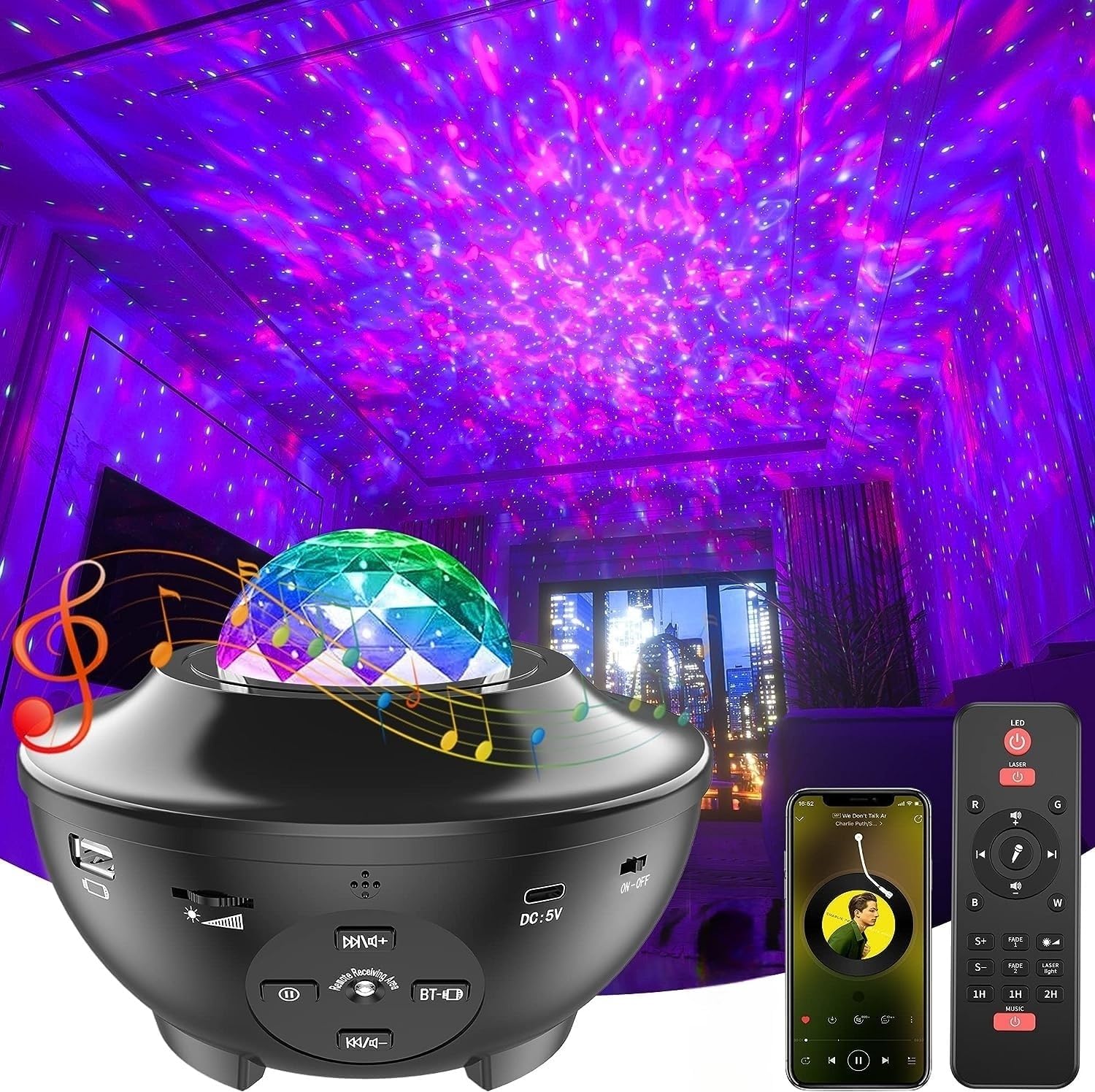 Night Light Projector with Remote Control, Star Projector with LED Nebula Cloud/Moving Ocean Wave Projector for Kid Baby, Built-in Music Speaker, APP Comtrol(2.4G WiFi), Voice Control