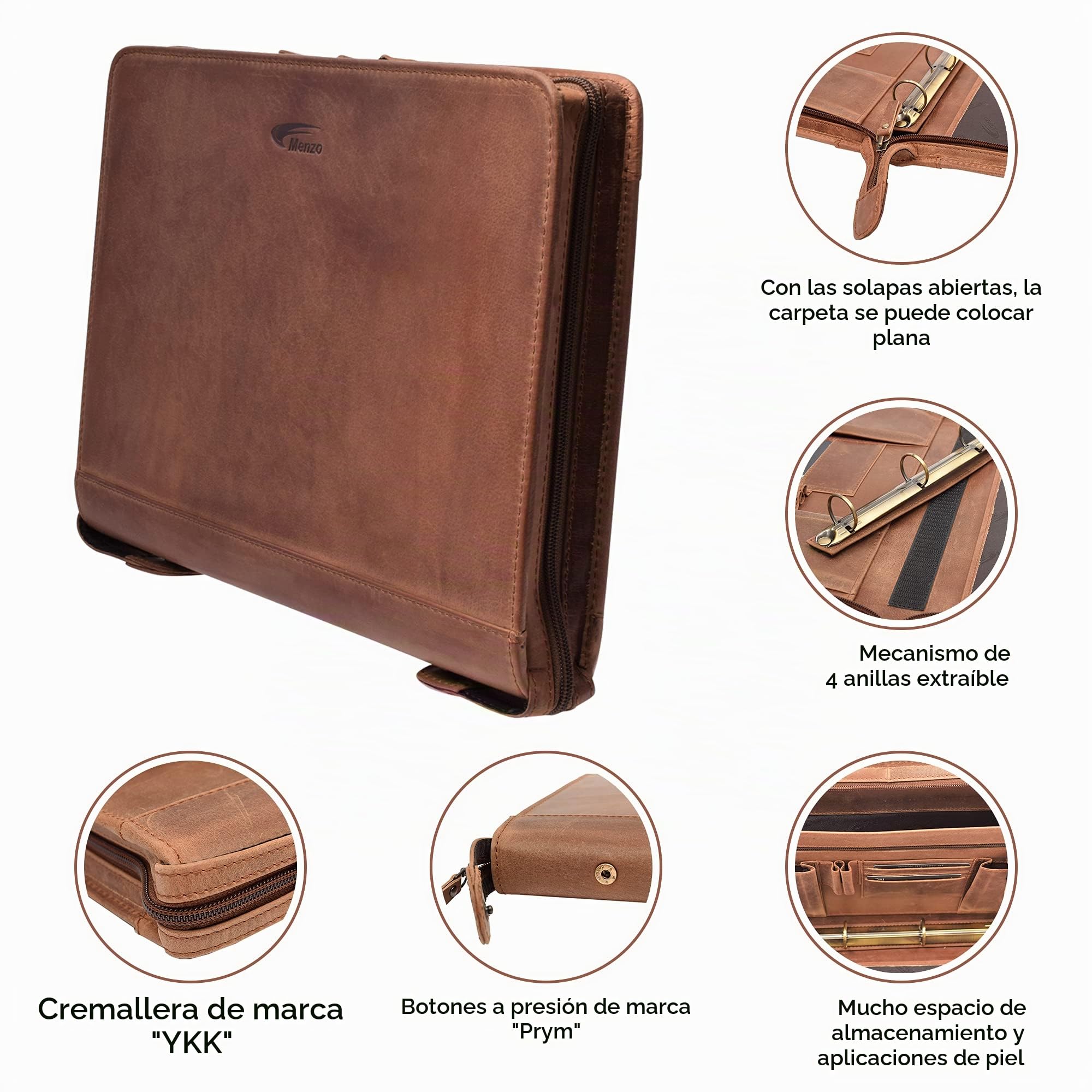 Menzo Carpeta de cuero para escritura, portadocumentos, auténtica piel de búfalo, carpeta para escritura, carpeta de negocios, bolsa de mensajero, carpeta para anillas, carpeta de conferencias