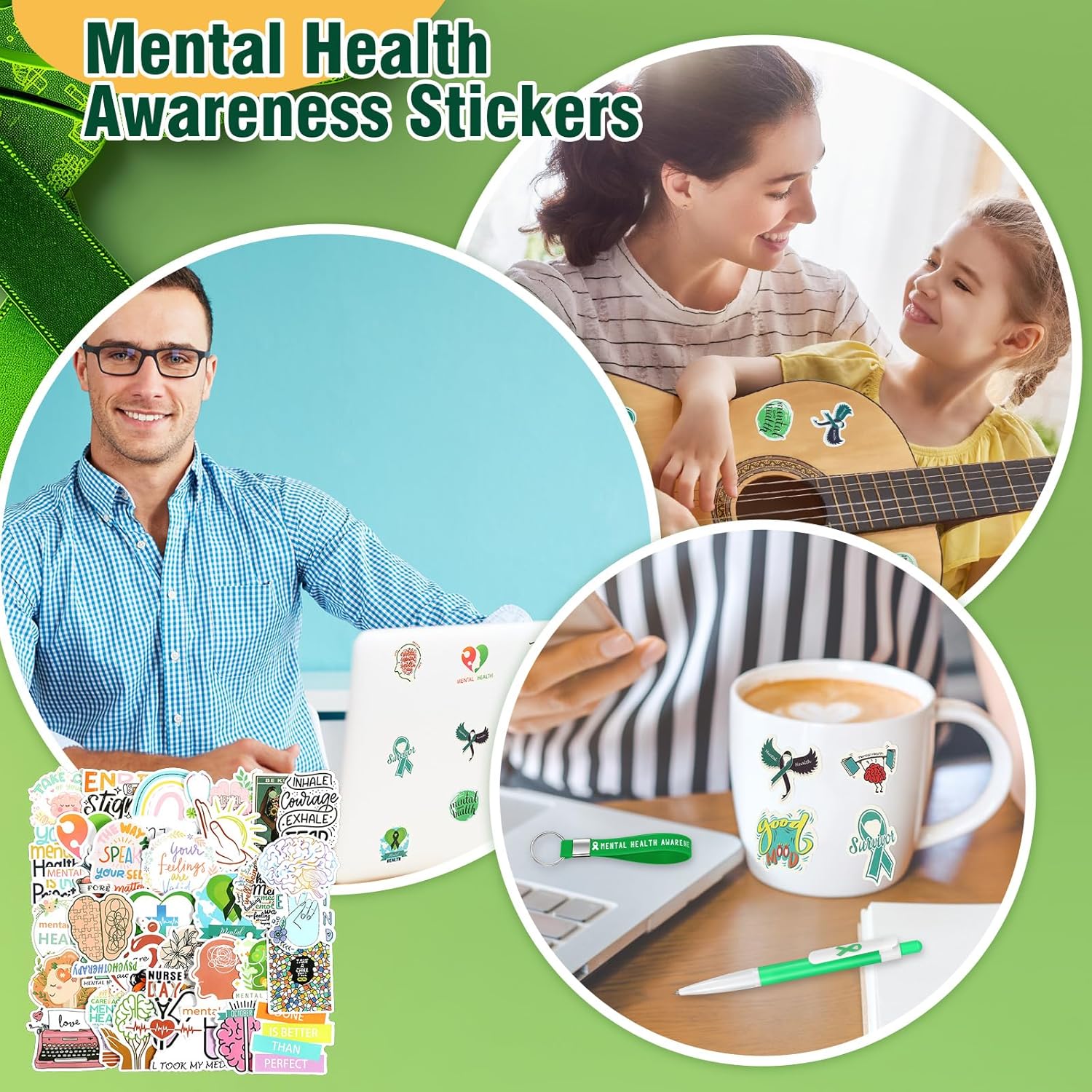 Watersay 326 Pcs Mental Health Awareness Items Include Ribbon Pins, Badge Brooches, Pens, Stickers, Rubber Wristbands, Rubber Key Chains for Awareness Gifts Supporting Minds (Green)
