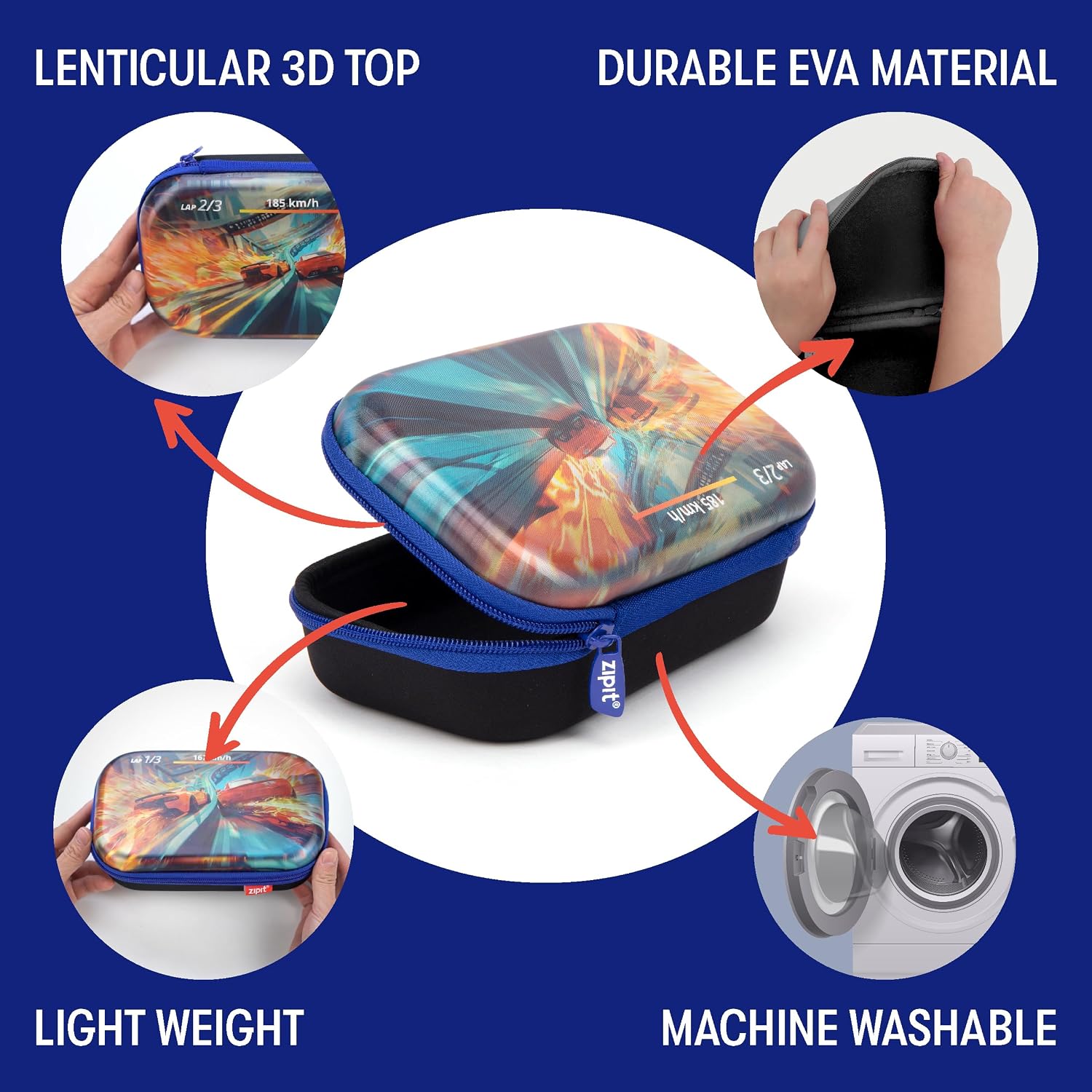 ZIPIT 3D Pencil Case for Boys, Lenticular Pencil Box for School, Large Capacity Stationery Organizer Box, Car Race