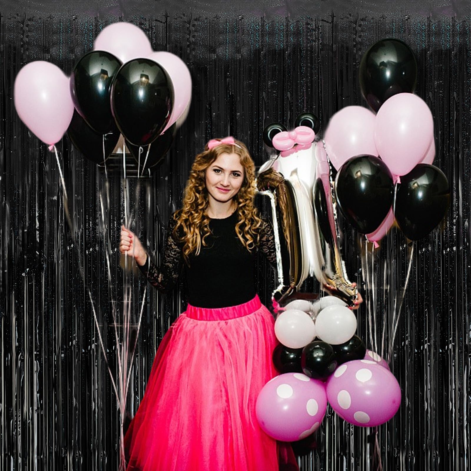 Cortina de oropel para fiestas, telón de fondo negro para fiesta de cumpleaños, 2 paquetes de cortinas con flecos de papel de aluminio con purpurina, decoración de fiesta, serpentinas, cabina de fotos