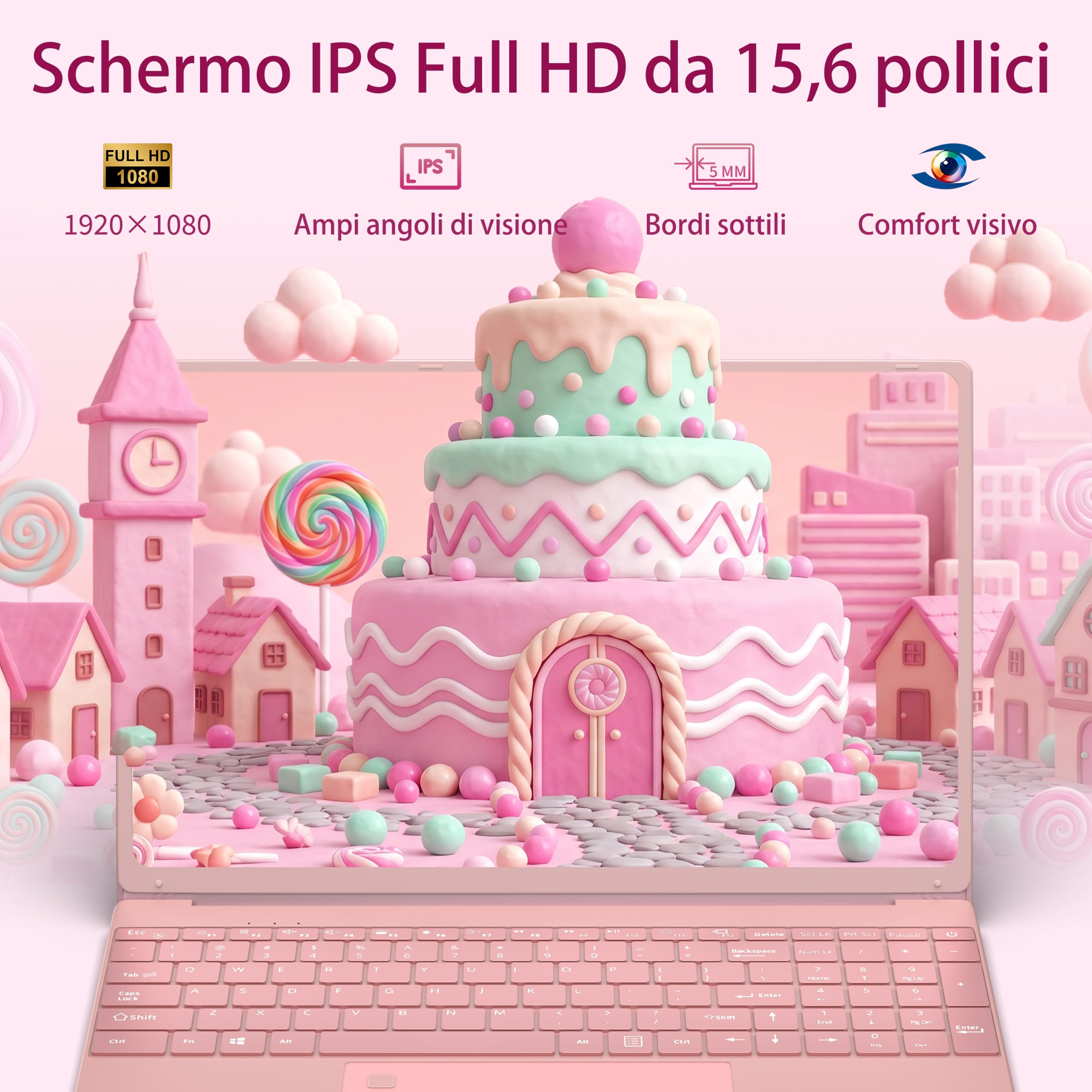 Amita Nuovo Notebook 2026 da 15.6 pollici con i3-6100U, 16GB, Lettore di impronte digitali, Tastiera retroilluminata, WiFi, BT5.0 Custodia Tastiera ITA, Rosa, ideale per Studenti e Business (GB, 256)