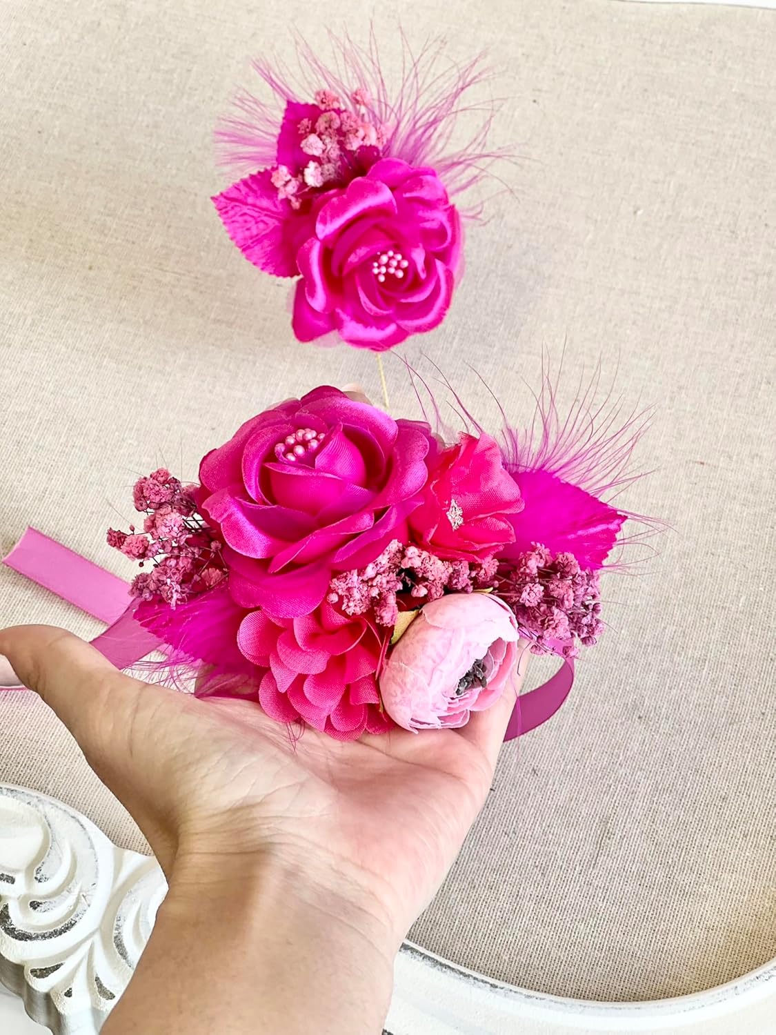 WHITEROOM Hot Pink Promo Corsage and Boutonniere Set, Wrist Wedding Corsage, Wedding Corsage, Bridesmaids Corsage, Feather Bridal Bracelets