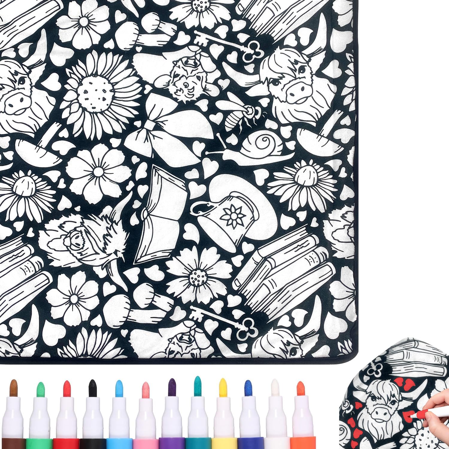 DIY Colouring In Blanket for Adults, Mushroom Velvet Personalized Colour Your Own Blankets with Markers 12 Color Pens Creative Cartoon Picnic Colours to Blanket UK for Home Decor (50x60 Inch)