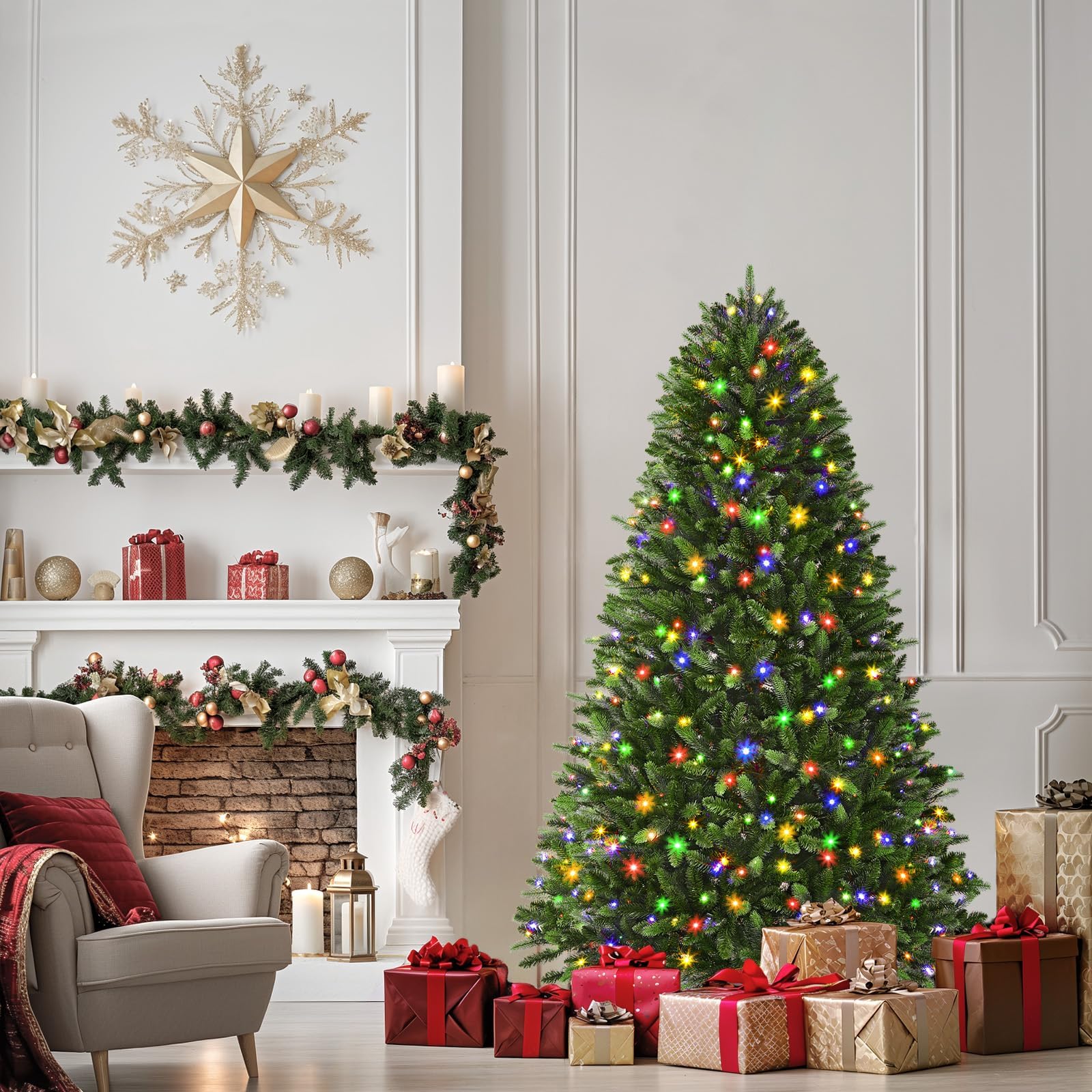 Alupssuc 5ft Pre Lit Artificial Christmas Tree with with 290 Warm White & Multicolor LED Lights, 12 Lighting Modes, 823 Branch Tips, Foldable Metal Stand, for Home Party Store Xmas Dcoration, Green