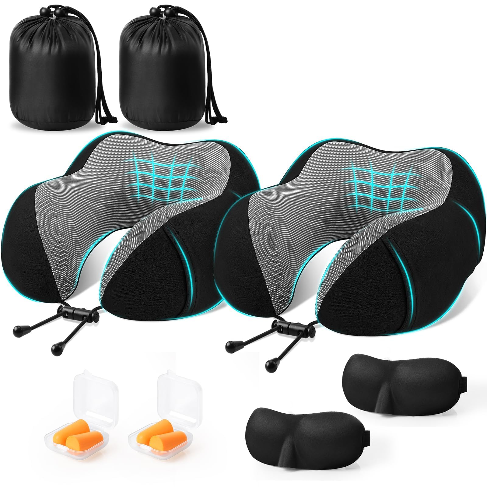 CloudBliss Travel Pillow for Airplane, Set of 2 Memory Foam Neck Pillow for Travel, Travel Neck Pillow for Long Flight, Car & Office, Trip Accessories with Eye Mask, Earplugs, Carry Bag, Black & Black-image-37