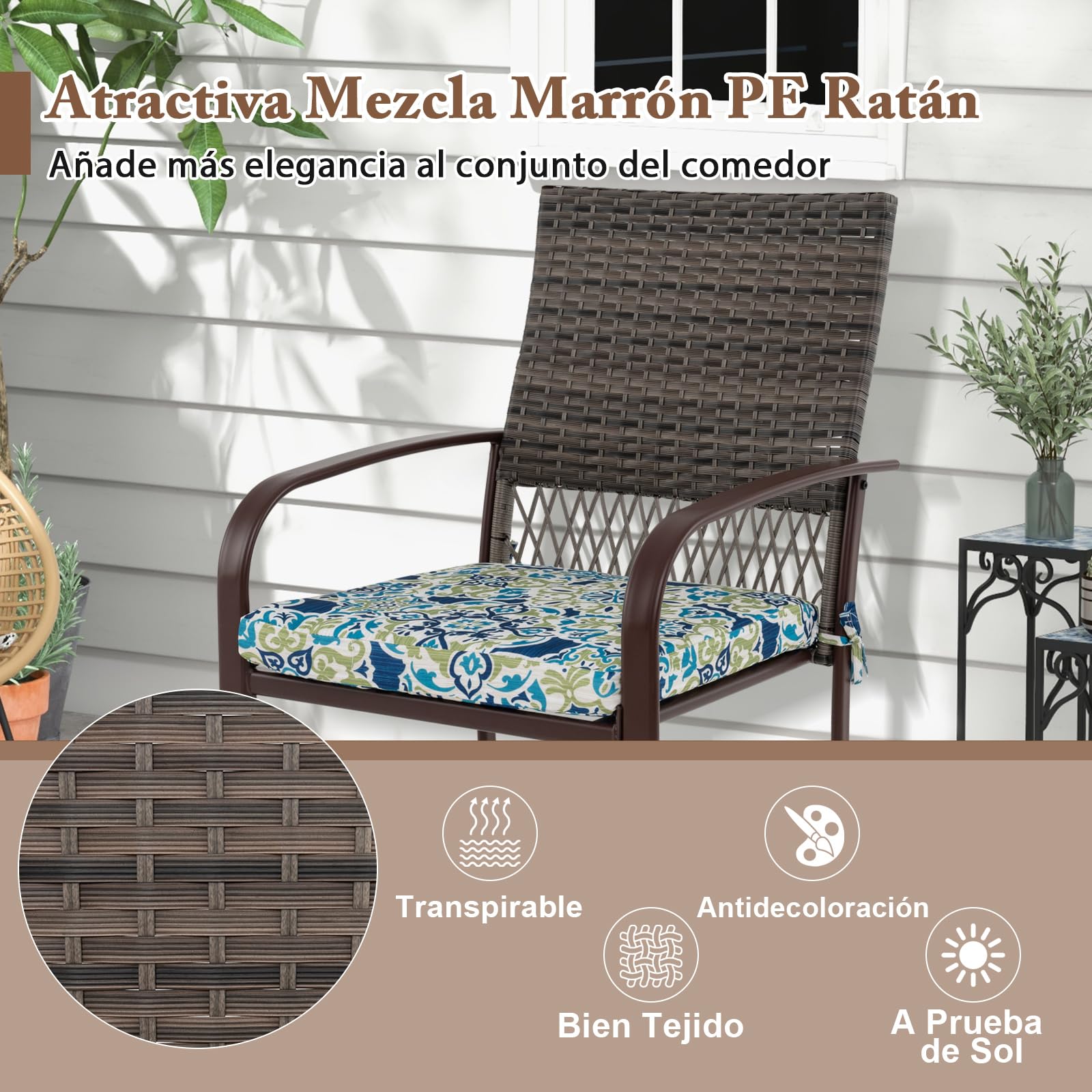 COSTWAY Conjunto Jardin Exterior de 5 Piezas, 4 Sillas de Ratán con Cojines y Mesa Cuadrada con Tablero de Madera Plástica y Agujero para Sombrilla, Muebles Comedor Jardin Terraza Balcon Exterior
