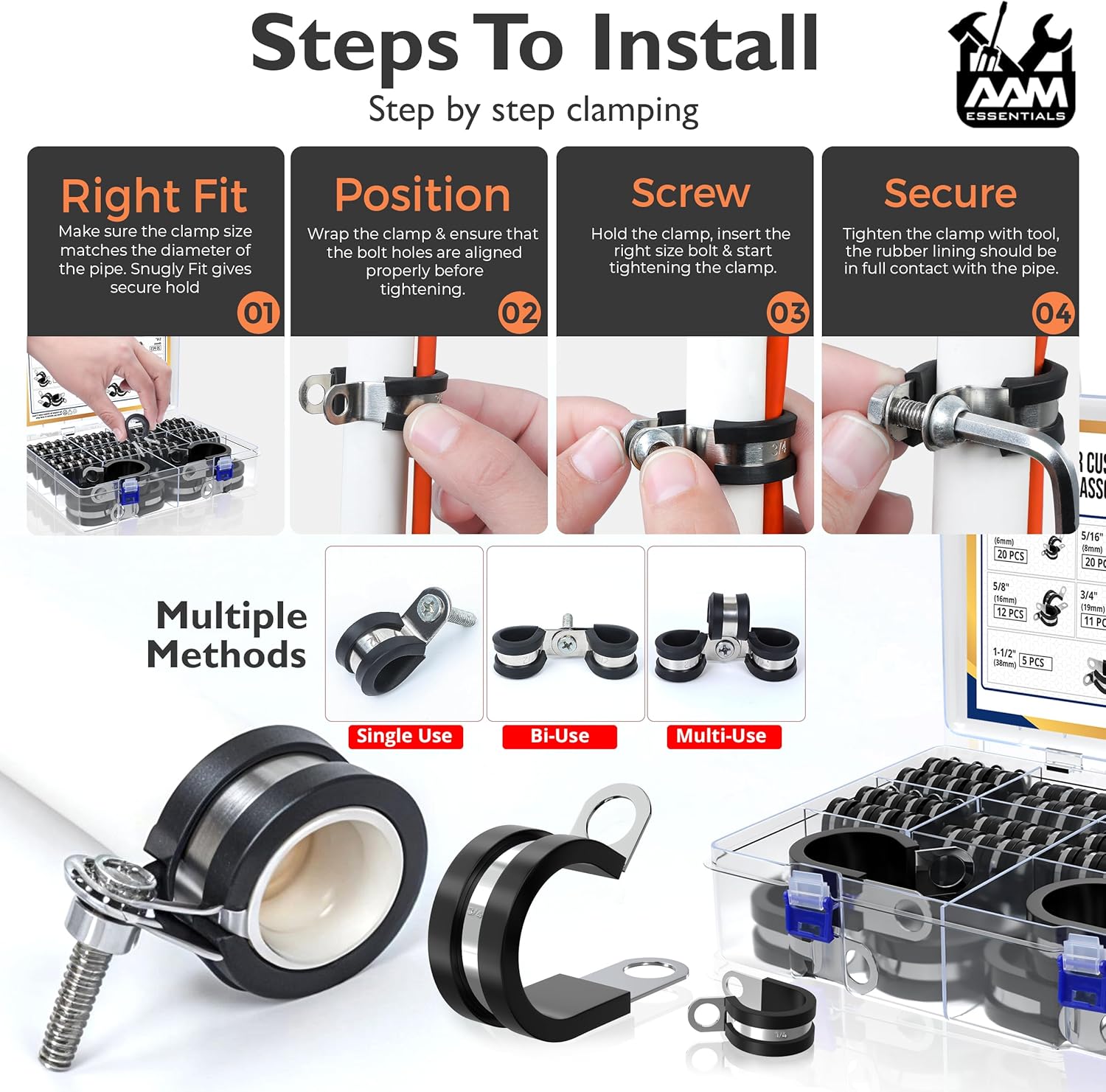 115 pcs cable clamps-304 Stainless Steel-Rubber Cushion Wire clamps-10 sizes 1/4" 5/16" 3/8" 1/2" 5/8" 3/4" 1" 1-1/4" 1-1/2" 1-3/4"-Assortment kit for pipe & wire mounting (Extra 5pcs)