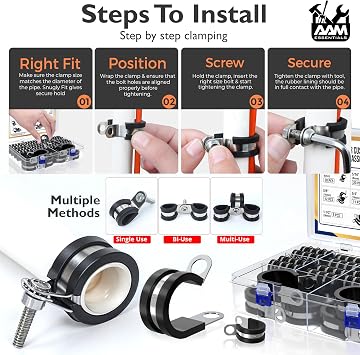 115 pcs cable clamps-304 Stainless Steel-Rubber Cushion Wire clamps-10 sizes 1/4 5/16 3/8 1/2 5/8 3/4 1 1-1/4 1-1/2 1-3/4-Assortment kit for pipe & wire mounting (Extra 5pcs)
