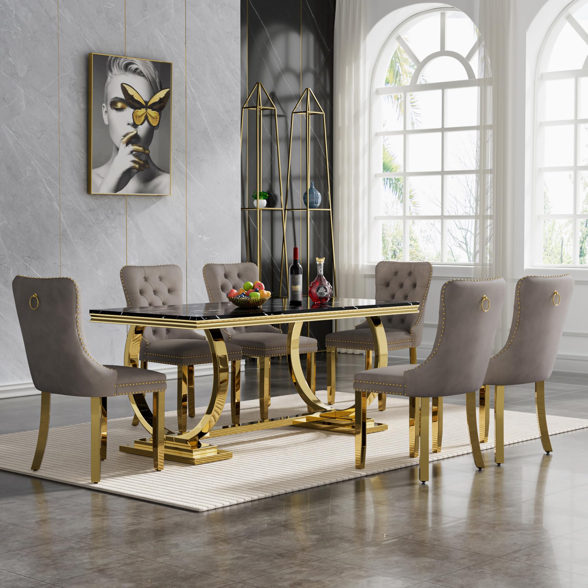 7 Piece Marble Dining Table Set for 6, Luxury 68"" Black Marble Gold Kitchen Table with 6 Grey Velvet Upholstered Chairs, Modern 6 Person Dining Room Table Set for Kicken Dining Office Room