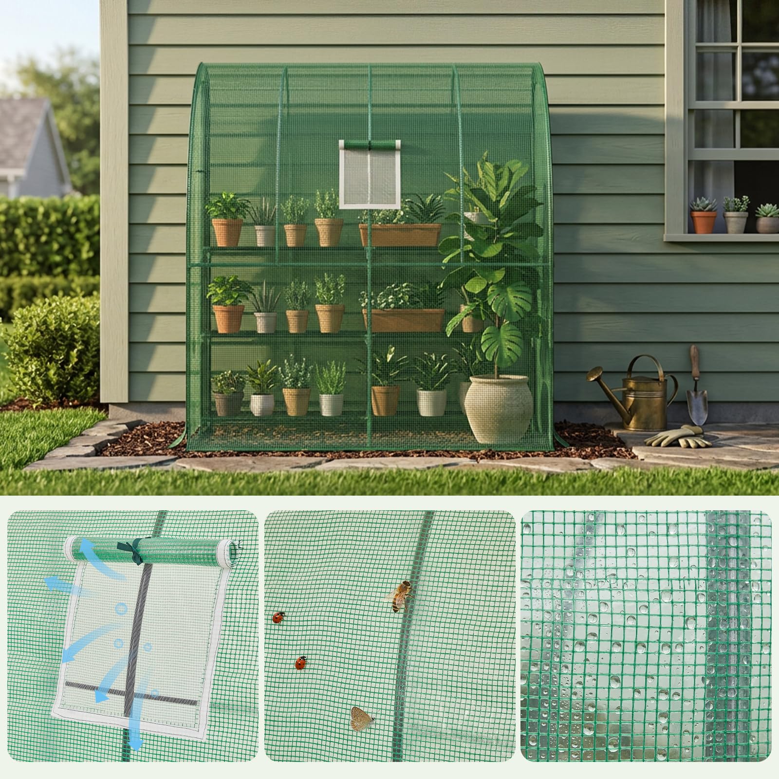 LARMNEE Serre Adossée, Serre à Tomates, avec Bâche PE à Fermeture à Glissière sur Les Côtés, 200 x 100 x 210 cm, Cadre Métallique, pour Fleurs, Légumes, Balcon, Plantes, Terrasse, Vert EGN72GH02