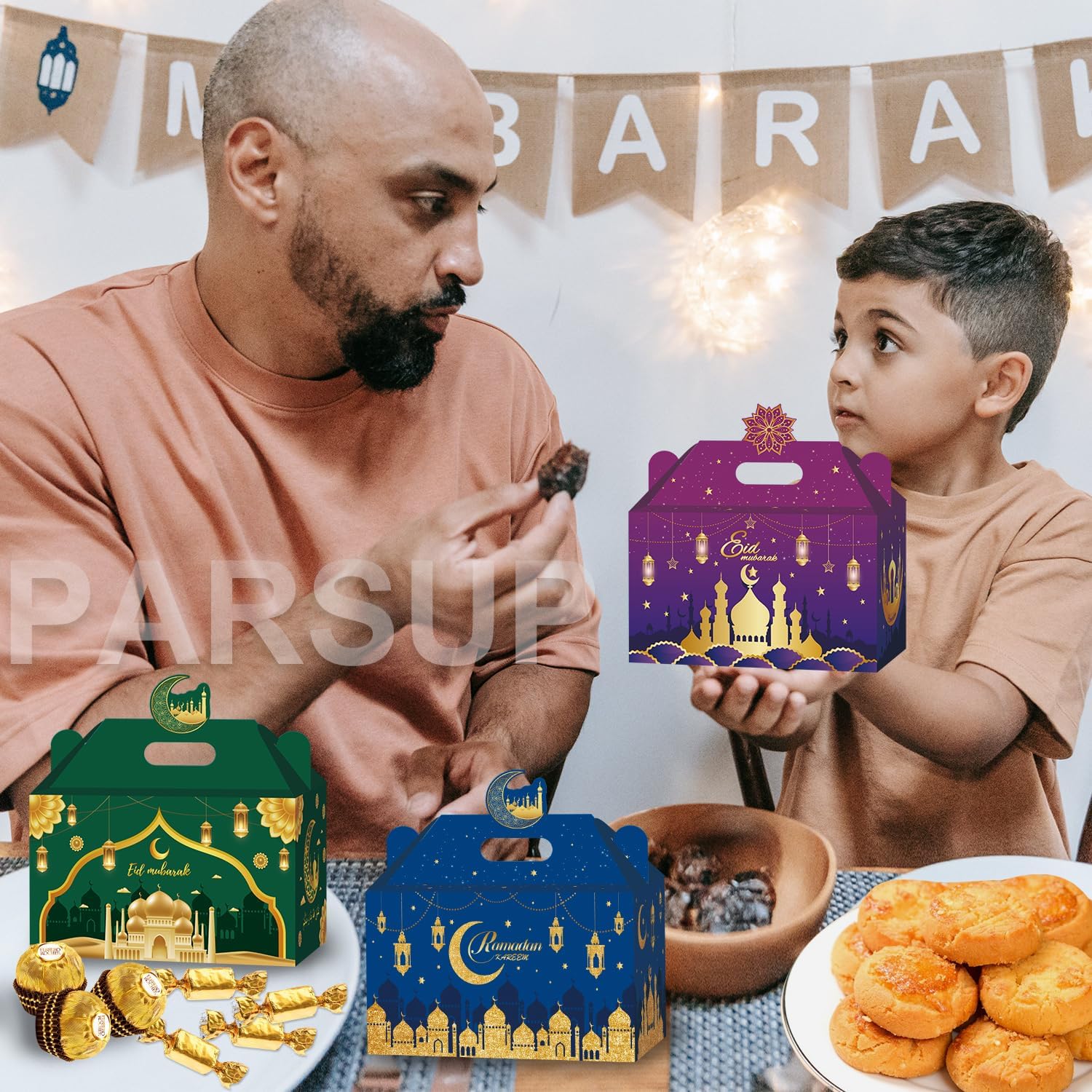 PARSUP 48pc Ramadan & Eid Mubarak Gift Boxes: 6 Patterns, 16x16x9cm, White Cardboard - Image 5