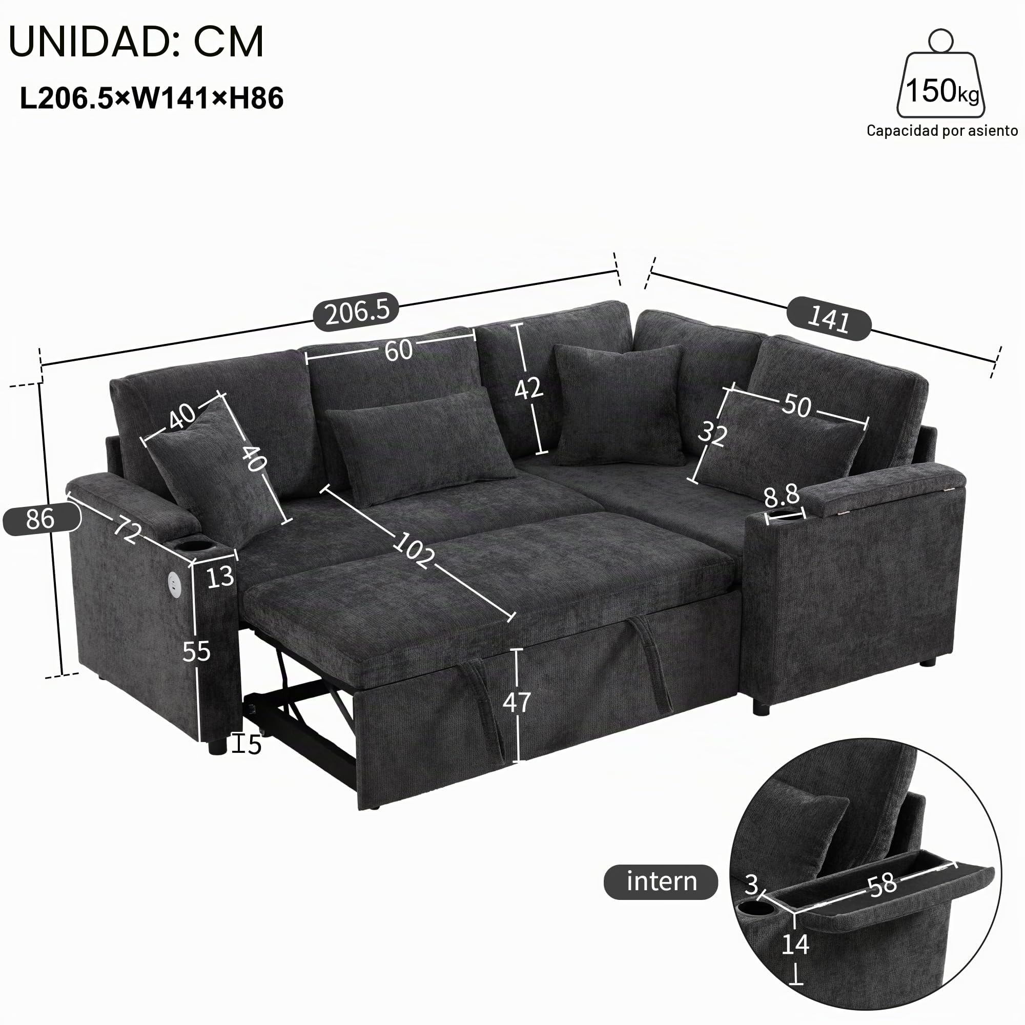 Bladez Sofá cama extensible en forma de L de chenilla de terciopelo chaise longue con espacio de almacenamiento, soporte para bebidas, puerto de carga USB, reposabrazos para sala de estar (gris-A)