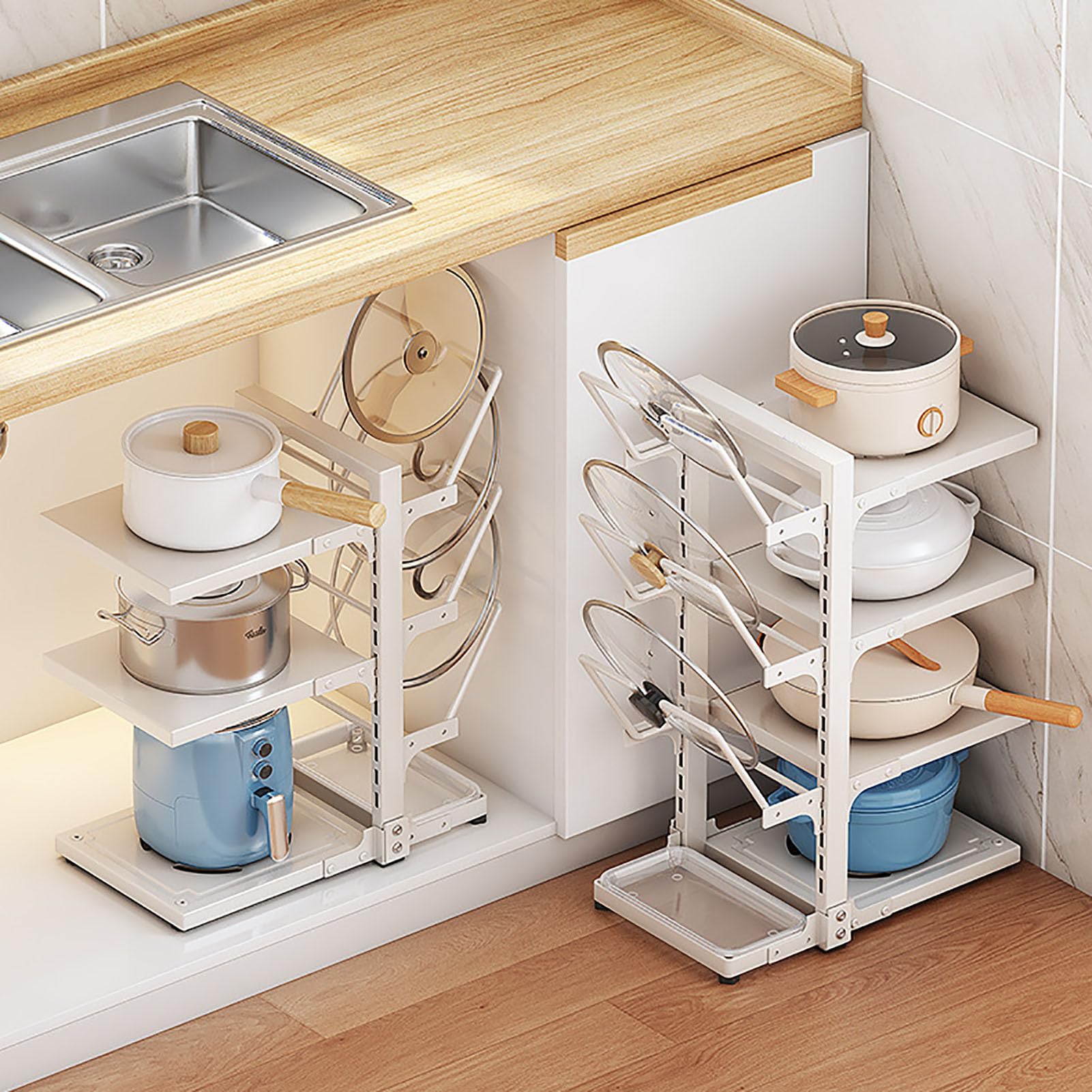 Portapentole Regolabile Ripiano con Ganci Laterali | Organizzatore Multifunzione con Vassoio Estraibile, Organizzatore per I Recipienti da Cucina Dell'uso Domestico Quotidiano