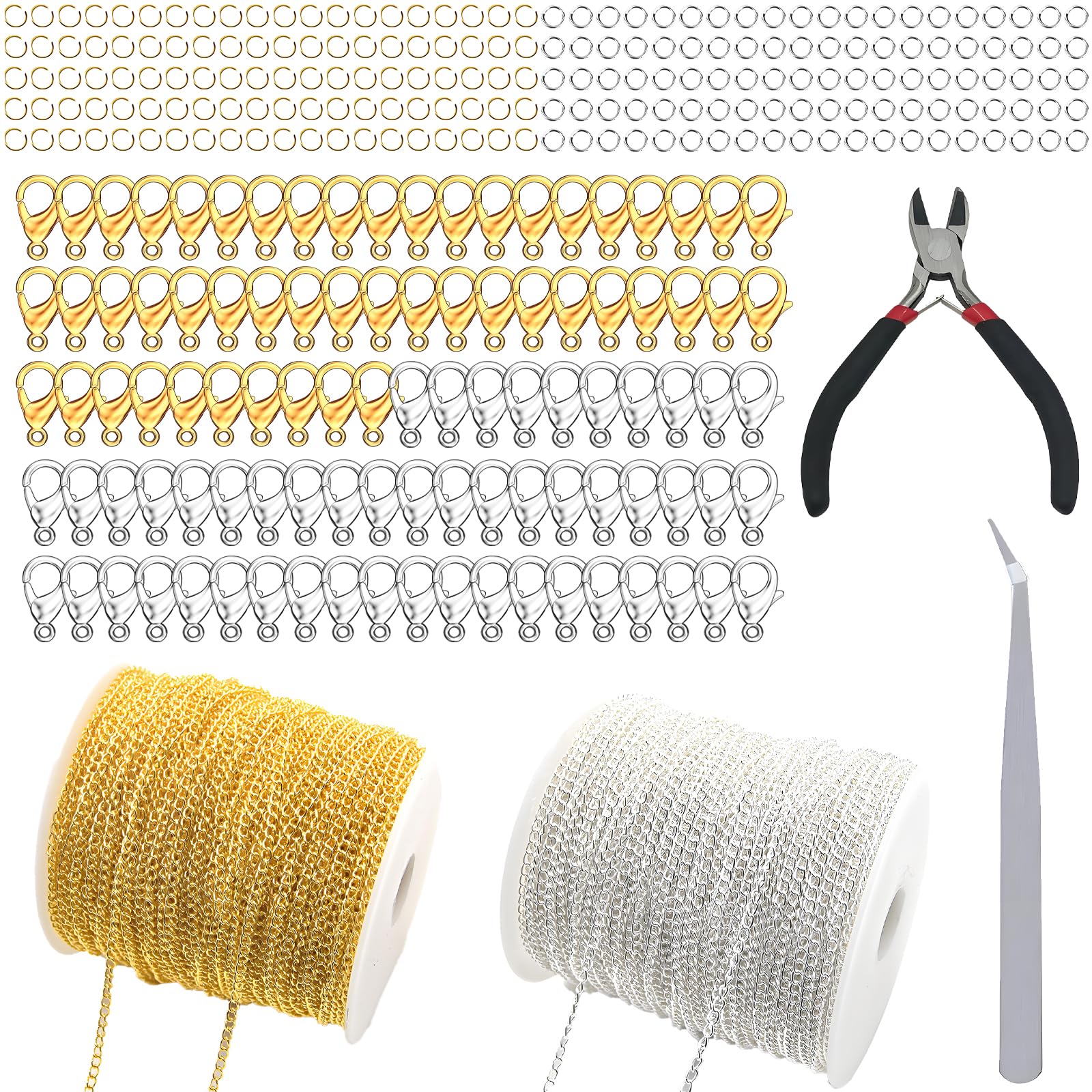 Vrexziy 10m Gold Silver Chain for Jewellery Making, Jewellery Making Chains Kit, Bracelet Necklace Making Chains with 100 Lobster Clasps and 200 Jump Rings for DIY Craft