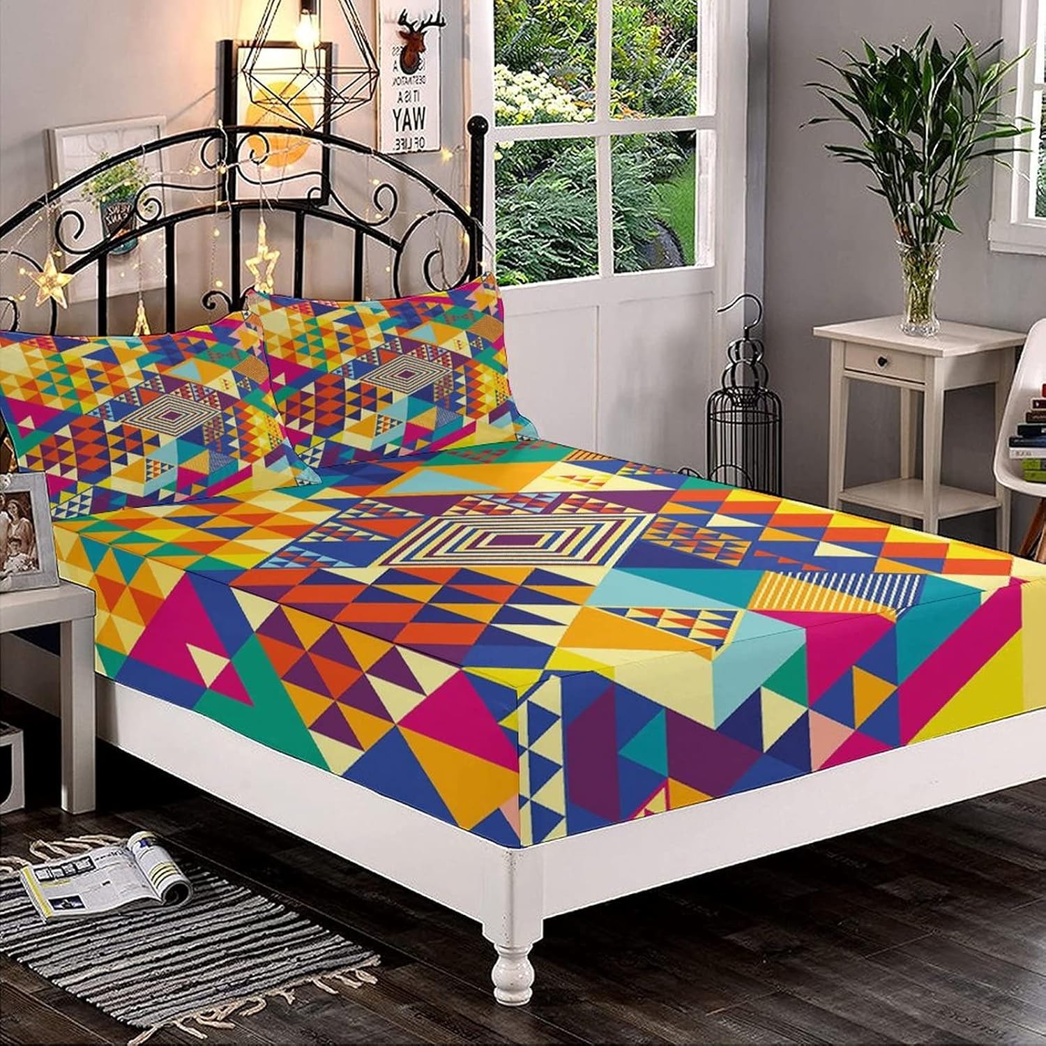 XISUNYA Decorative Fitted Sheet Set Queen Size, Colorful Deep Pockets Fitted Sheet & 2 Pillow Sham Set(No Flat Sheet), Random Triangles Vibrant Geometrical Modern Printed Microfiber Bedding 3pc Set