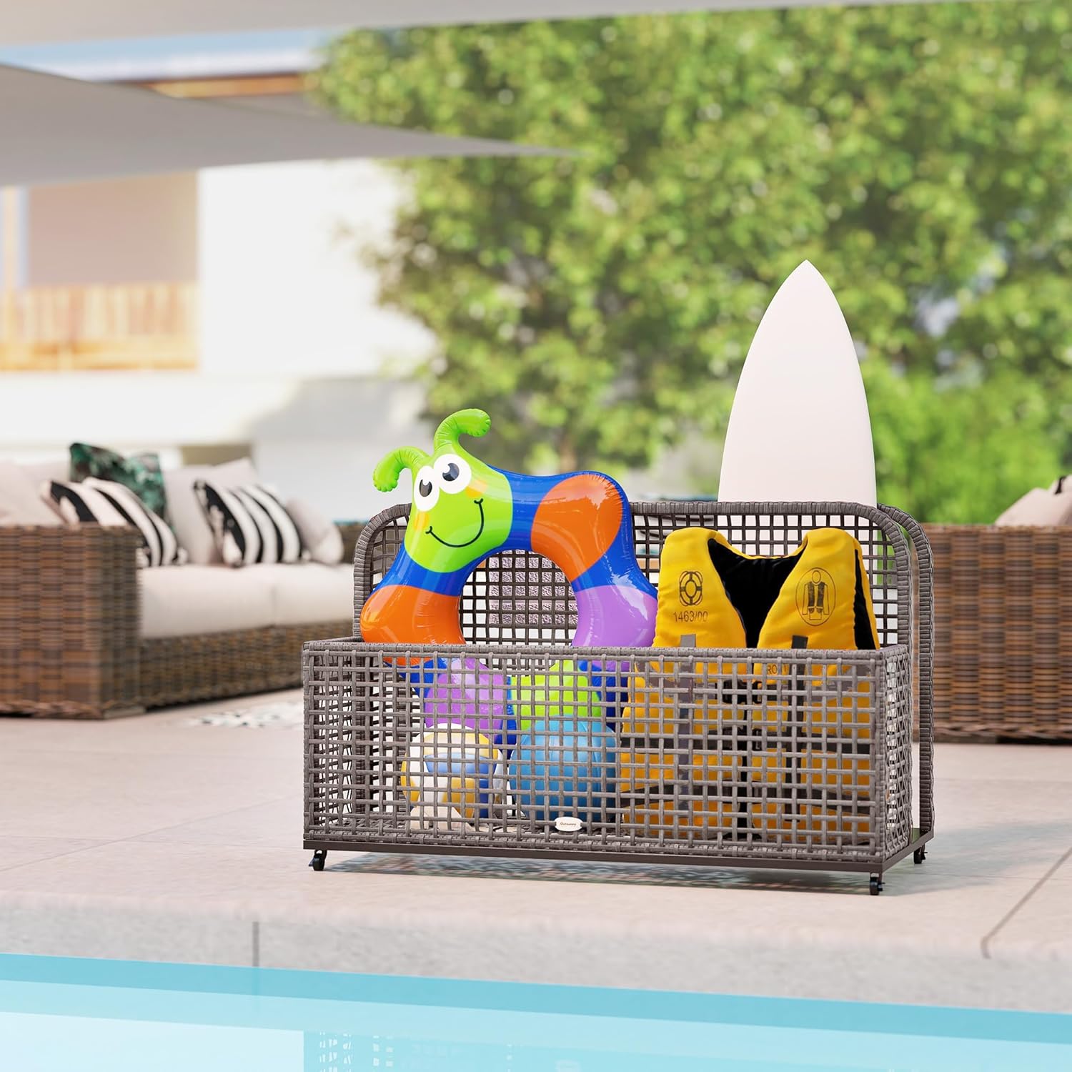 Outsunny Patio Wicker Pool Float Storage with Wheels, Outdoor Rolling PE Rattan Pool Caddy, Includes Compartment and Basket, for Pool, Garden, Deck, Light Gray