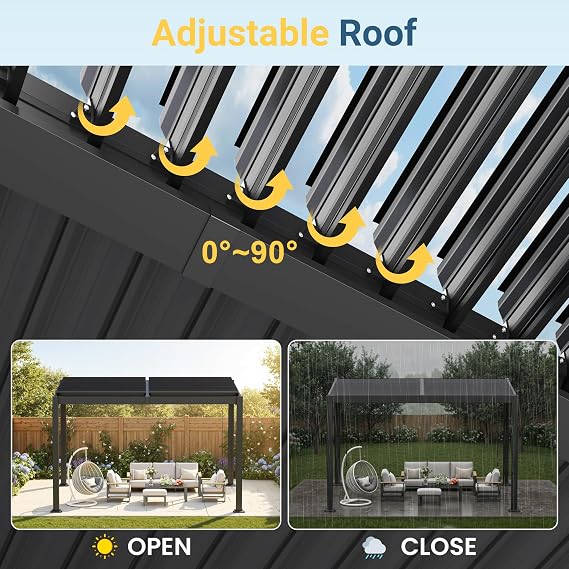 Pergola 10' x 12' with Aluminum Frame and Adjustable Louvered Roof