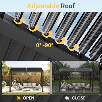 Pergola 10' x 12' with Aluminum Frame and Adjustable Louvered Roof