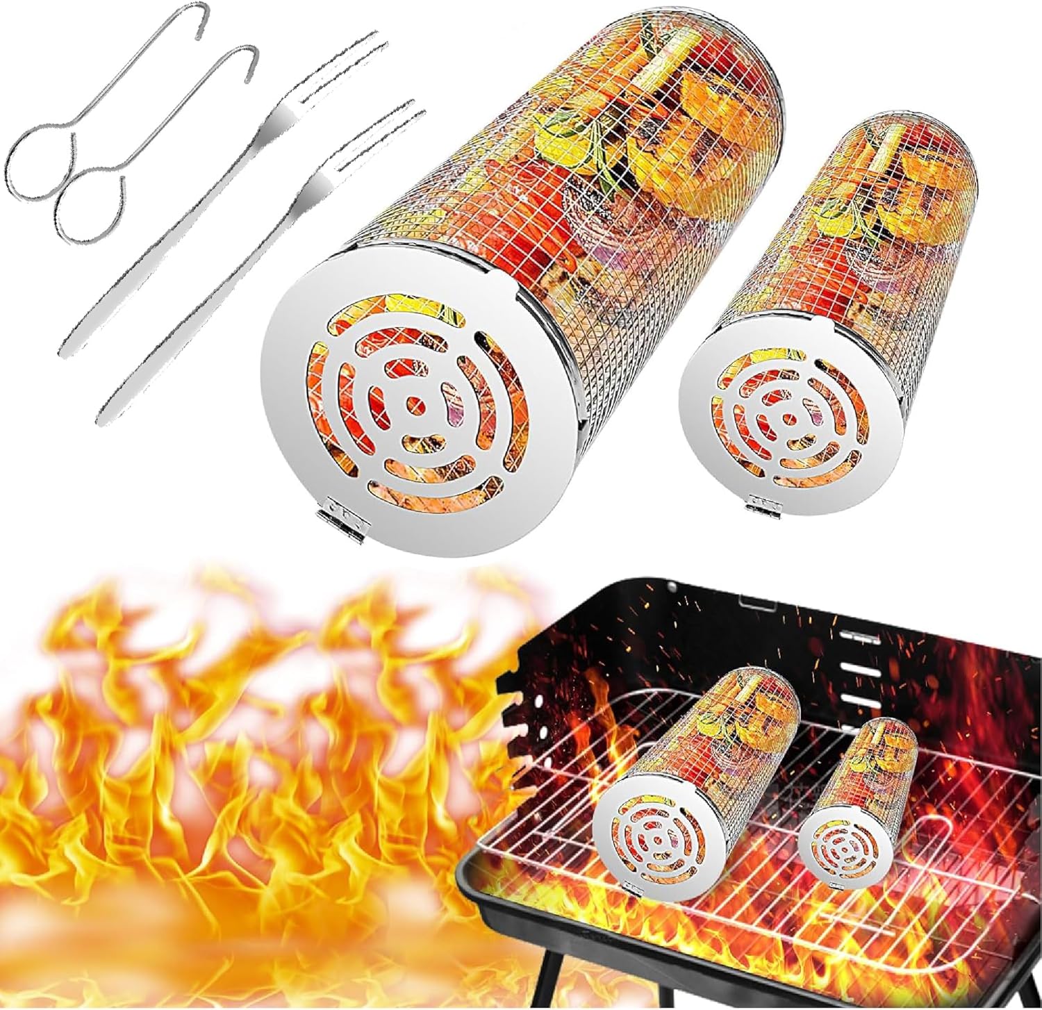 2 Pack Rolling Grilling Basket, BBQ Net Tube, Greatest Grilling Basket Ever, Round Stainless Steel BBQ Grill Mesh, Camping Barbecue Rack for Vegetables, French Fries, Fish (Silver)