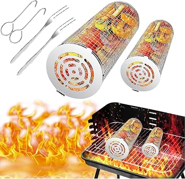2 Pack Rolling Grilling Basket, BBQ Net Tube, Greatest Grilling Basket Ever, Round Stainless Steel BBQ Grill Mesh, Camping Barbecue Rack for Vegetables, French Fries, Fish Silver