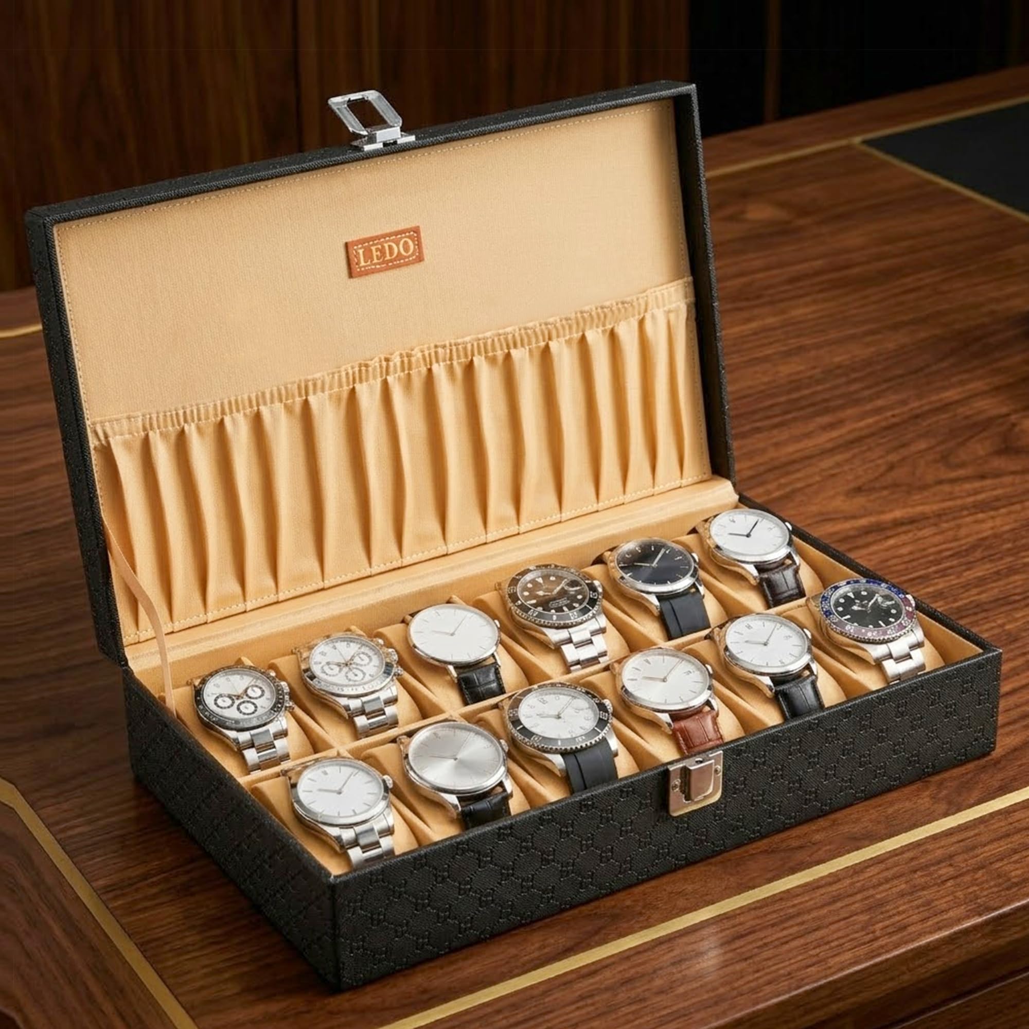 LEDO Men's and Women's Watch Box Holder Organizer Case with 12 Slots in PU Leather Royal Black Color