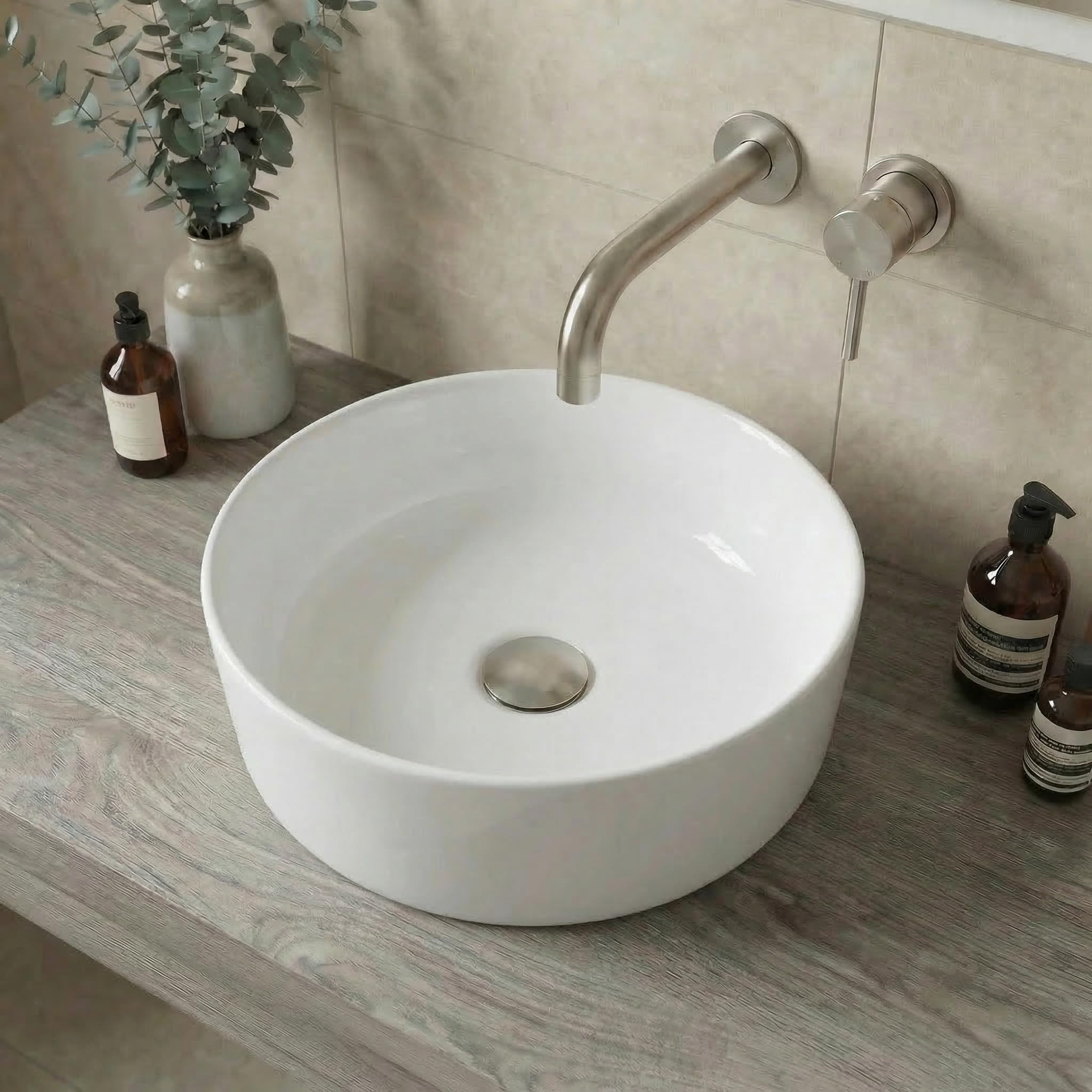 Affine White Affine® Countertop Basin For Bathroom And Cloakroom Hand Wash Basins Sink Modern Gloss Round, 352 X 352Mm