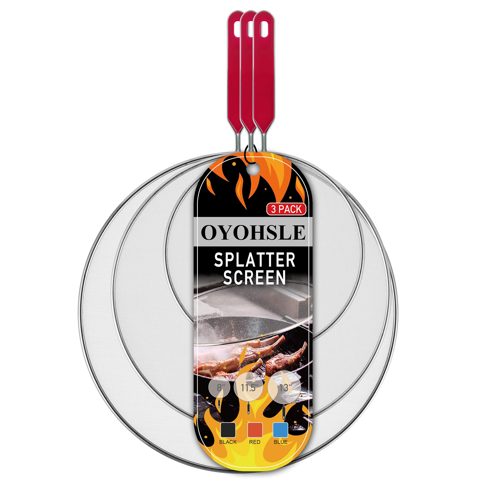 Splatter Screen for Frying Pan,Frying Pan Cover Splatter Screen 3 Set(8",11.5",13")，Stops 99% of Hot Oil Splash，Protect the Skin From Burns(Red)