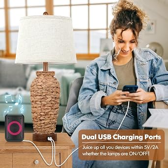 Set of 2 Rattan Table Lamps, 27in Tall Boho Table Lamps with 2 USB Charging Ports, Farmhouse Rustic Woven Seagrass Bedside Lamps for Living Room Bedroom Nightstand End Table, E26 Socket, Cream Shade