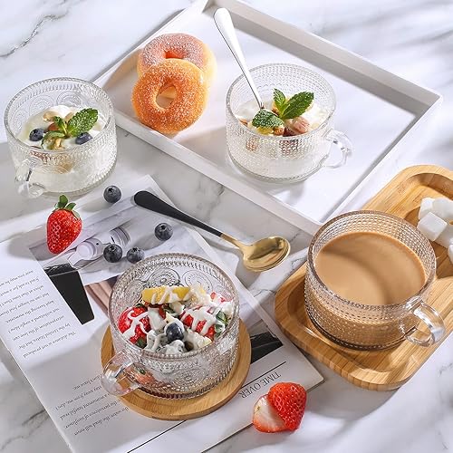 Miniatura 2 de Bandesun Tazas de café de vidrio vintage, 14 onzas, juego de 2 – apilables en relieve, cristalería con asa, para capuchino, latte, cereales, yogur,