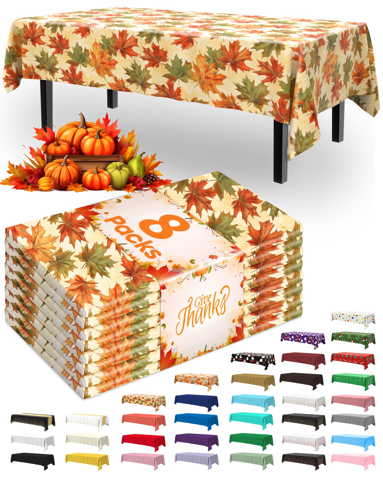 Pureegg Plastic Table Cloth Disposable 8 Pack, 54 x 108 Inch Table Cloths, Thanksgiving Decorations, Harvest Party, Fall Tablecloths, Rectangle Tables, Leakproof &amp; Sturdy, Autumn Maple
