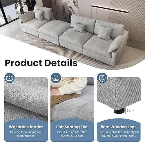 Miniatura 26 de WJShome - Sofá seccional modular en forma de nube para sala de estar, sofá de 160" con relleno de plumón en forma de U con otomano, sofás