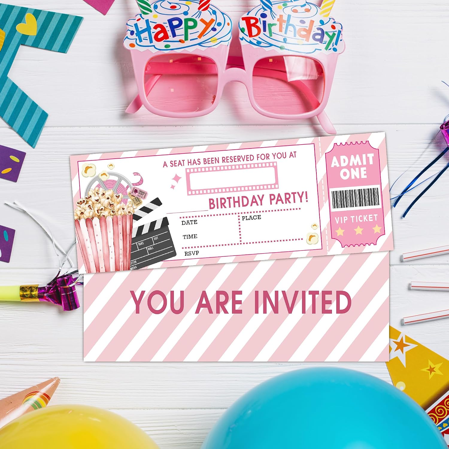 Pink Movie Party Invitations Movie Night Birthday Invitations for Boys Girls Kids Film Ticket Birthday Party Supplies 20 Double-Sided Fill-In Invitation Cards with 20 Envelopes-C06