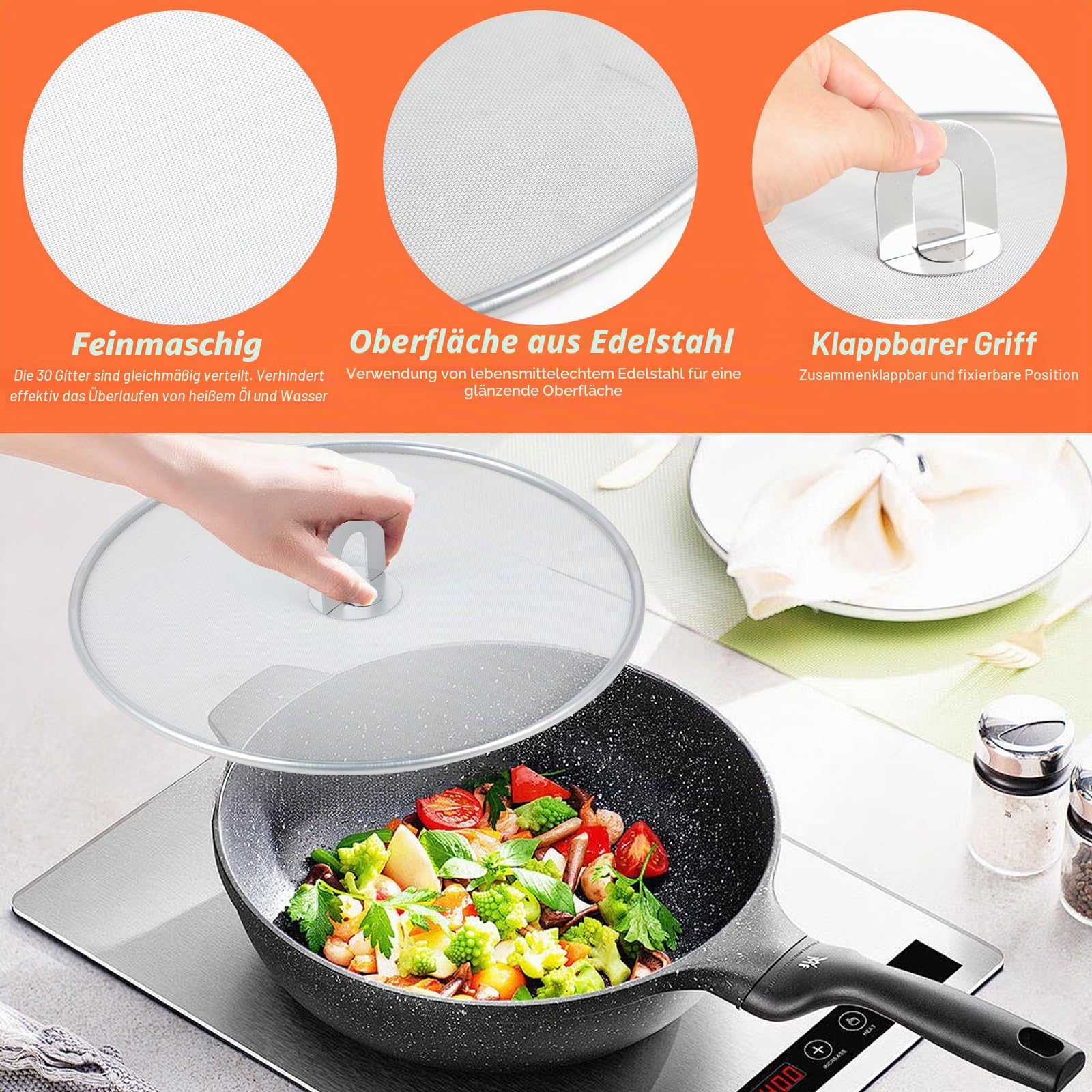 3-teiliges Spritzschutz-Set für Pfannen – Multifunktionale Edelstahl-Schutzdeckel zum Verhindern von Öl- und Wasserspritzern, in den Größen 33 cm, 29 cm und 25 cm