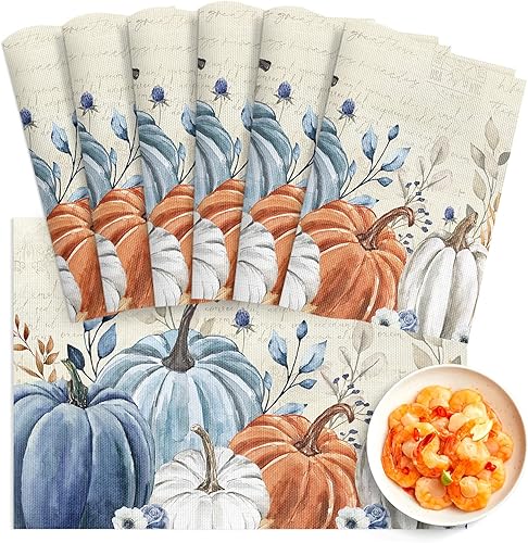 Miniatura 1 de Juego de 6 manteles individuales de Acción de Gracias, lavables, de PVC, hojas de calabaza, azul, naranja, otoño, vintage, beige, manteles